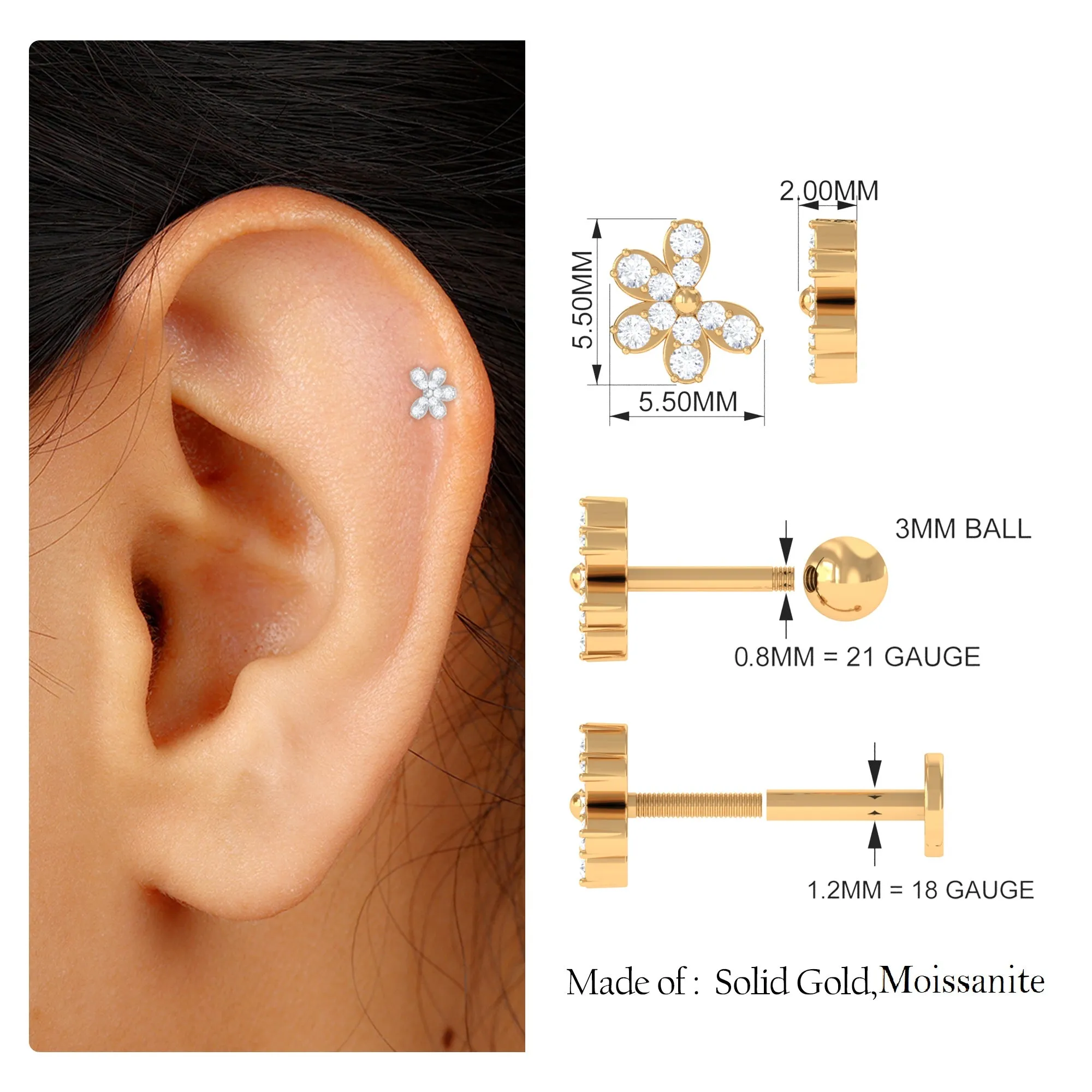 Certified Moissanite Gold Floral Earring for Tragus Piercing