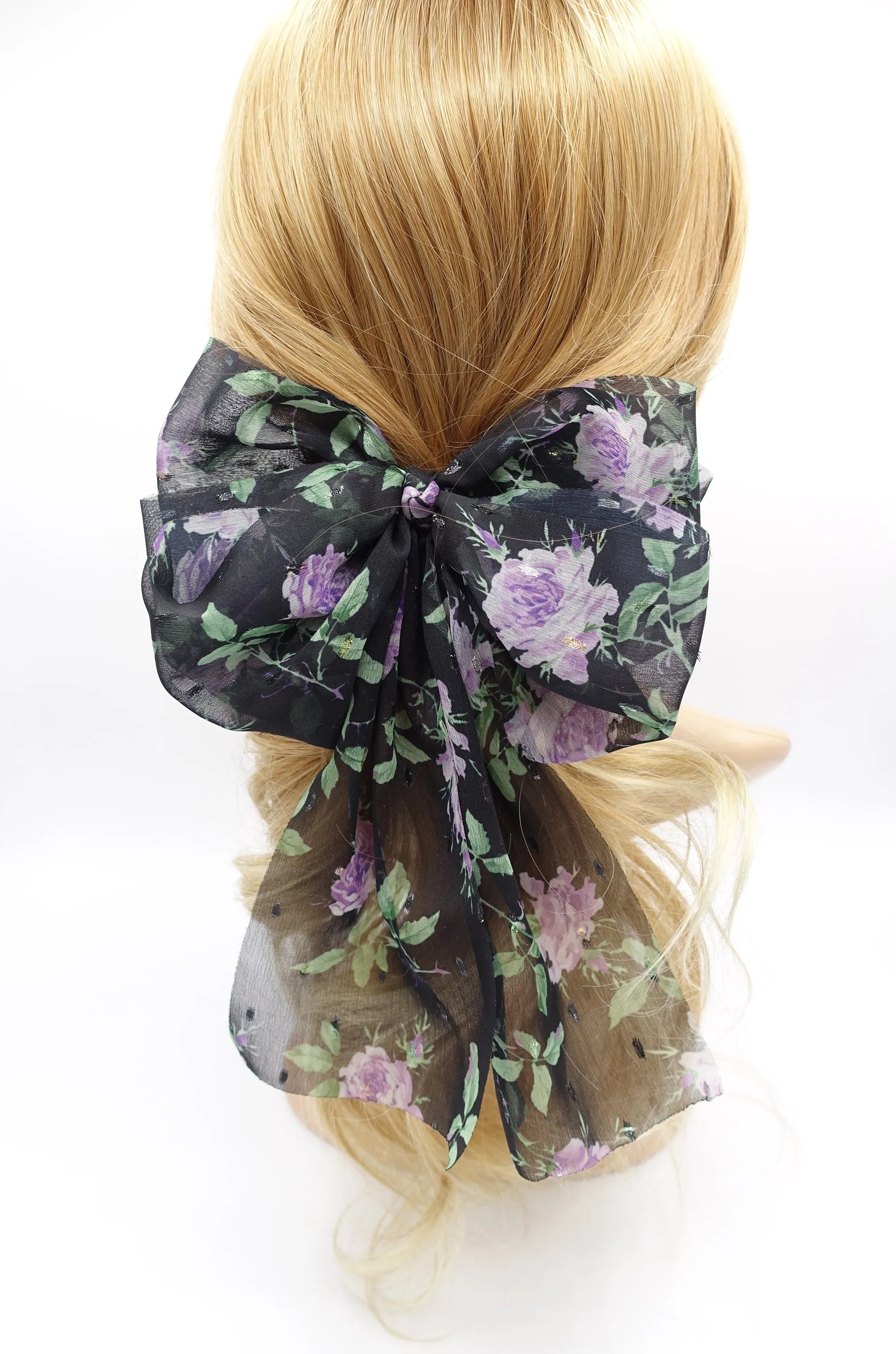 chiffon floral hair bow, chiffon tail hair bow for women