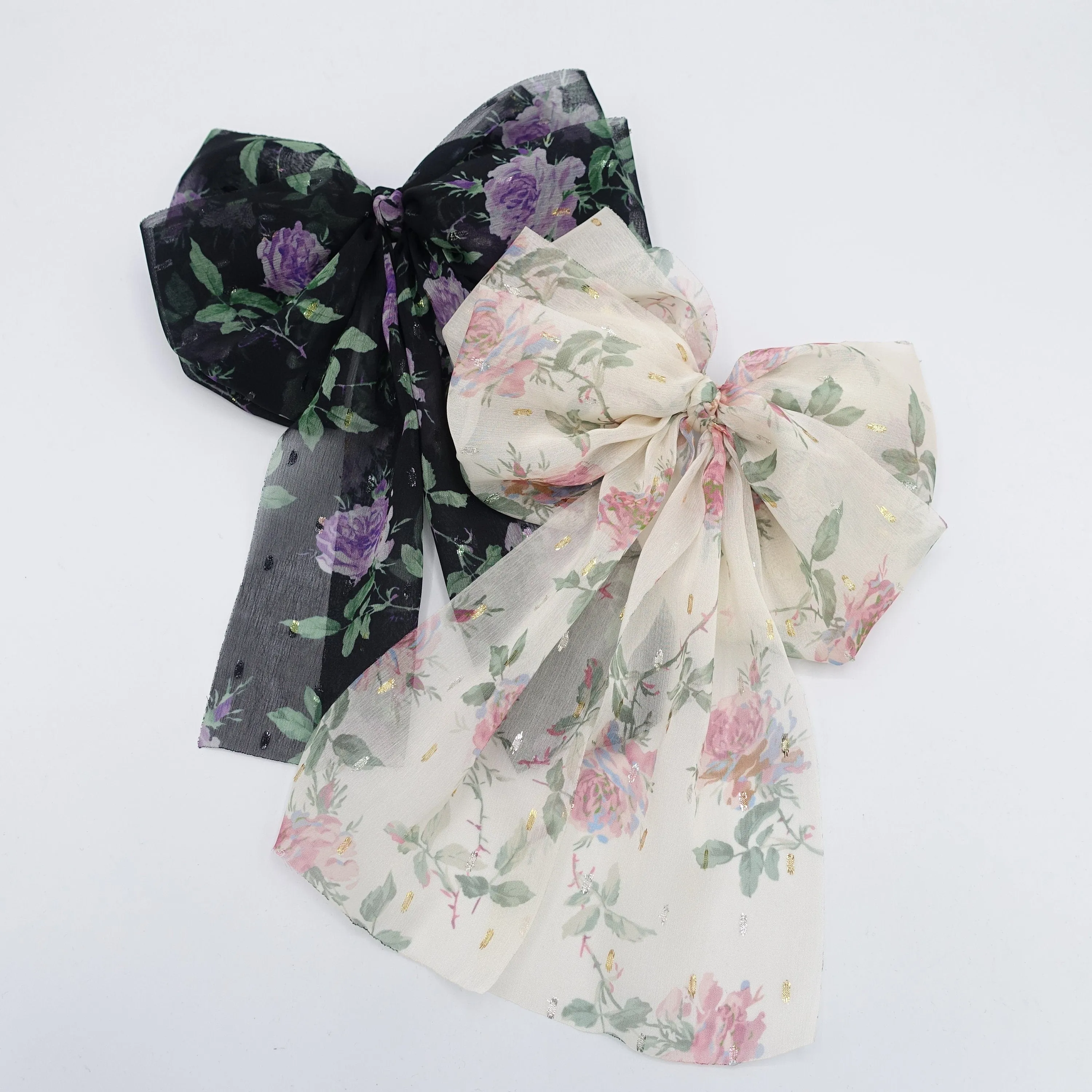 chiffon floral hair bow, chiffon tail hair bow for women