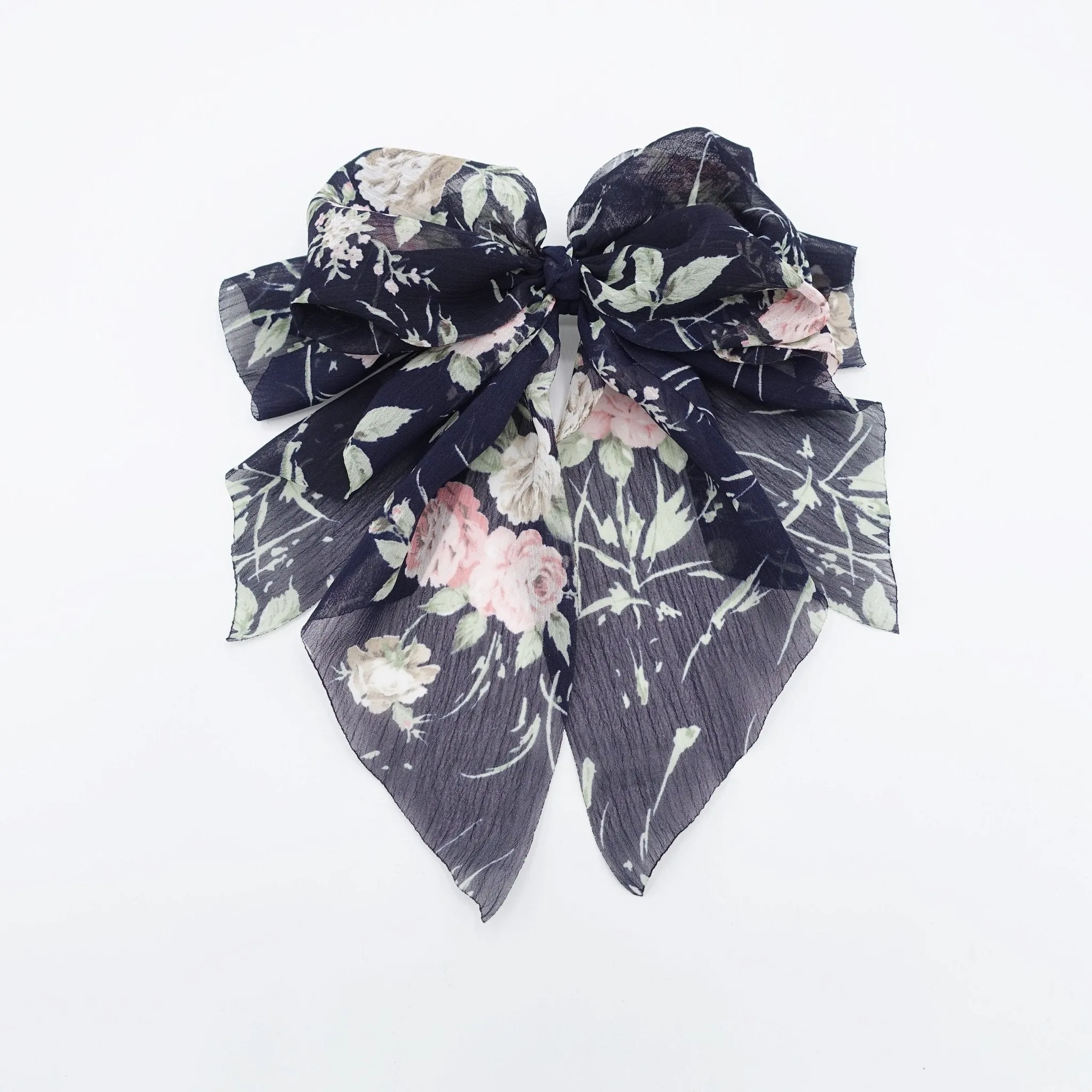 chiffon flower print bow droopy floral  layered style bow hair accessory for women