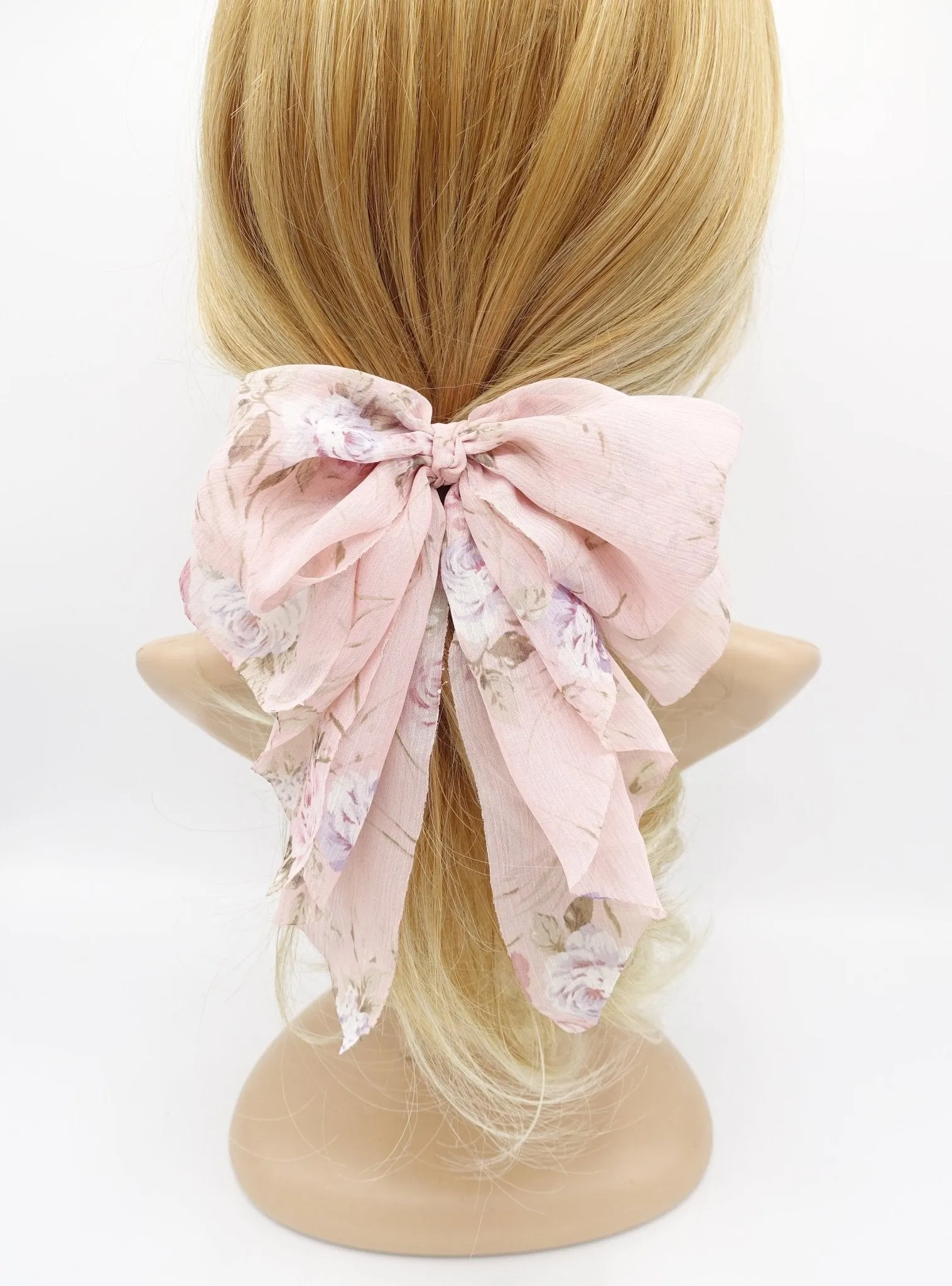 chiffon flower print bow droopy floral  layered style bow hair accessory for women