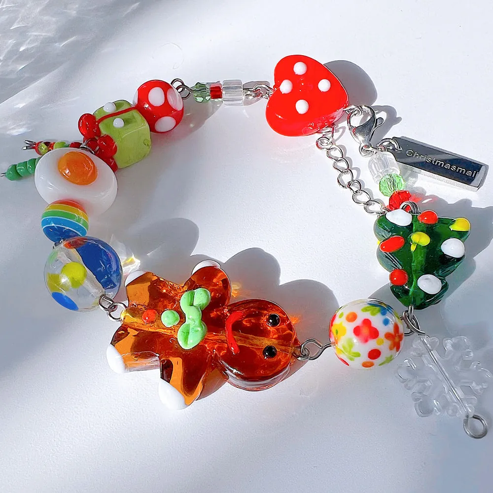 Christmas Gingerbread Jewelry Handmade Charm Bracelet with Murano Glass Gemstones