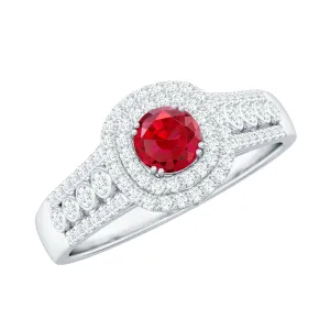 Classic Created Ruby and Moissanite Double Halo Engagement Ring