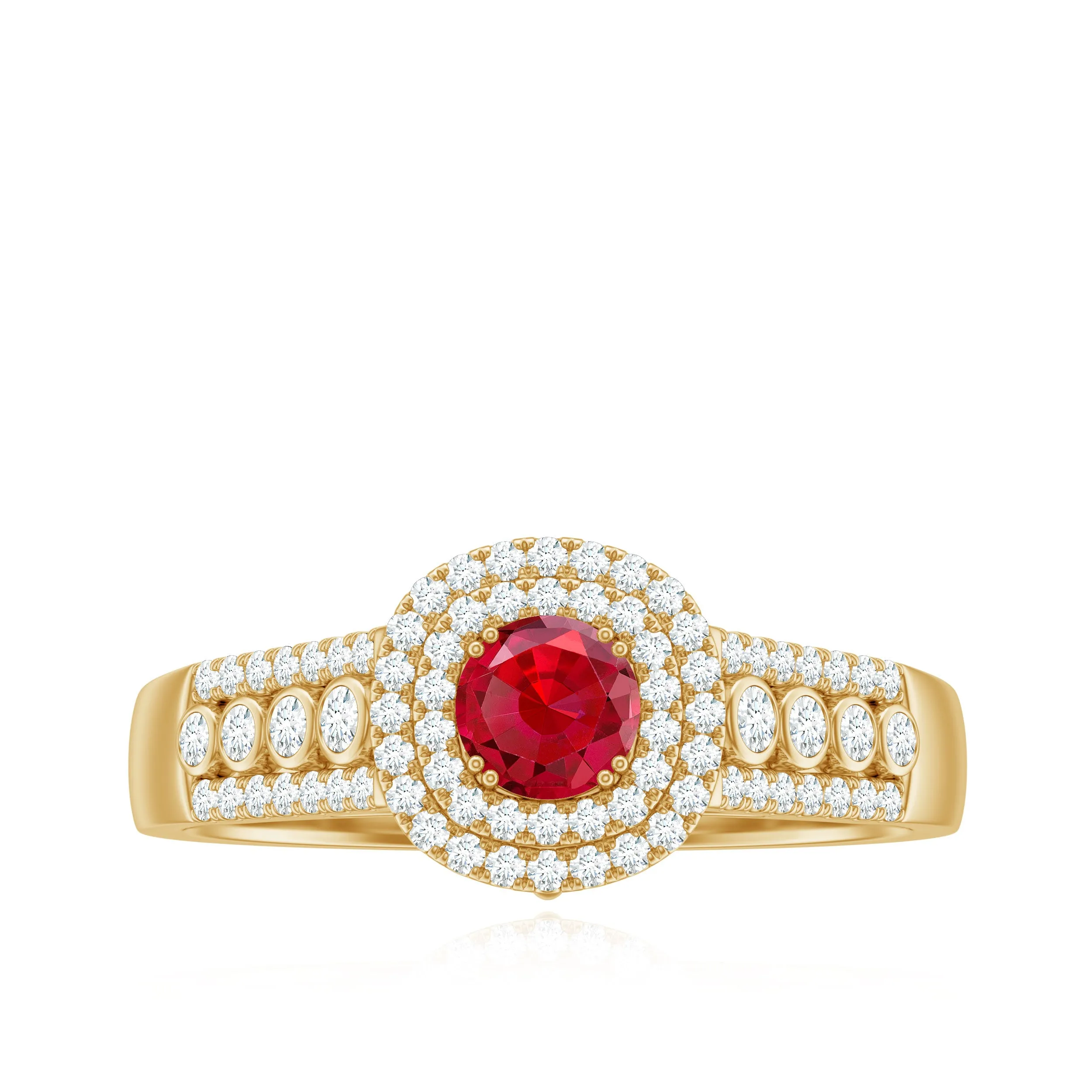 Classic Created Ruby and Moissanite Double Halo Engagement Ring