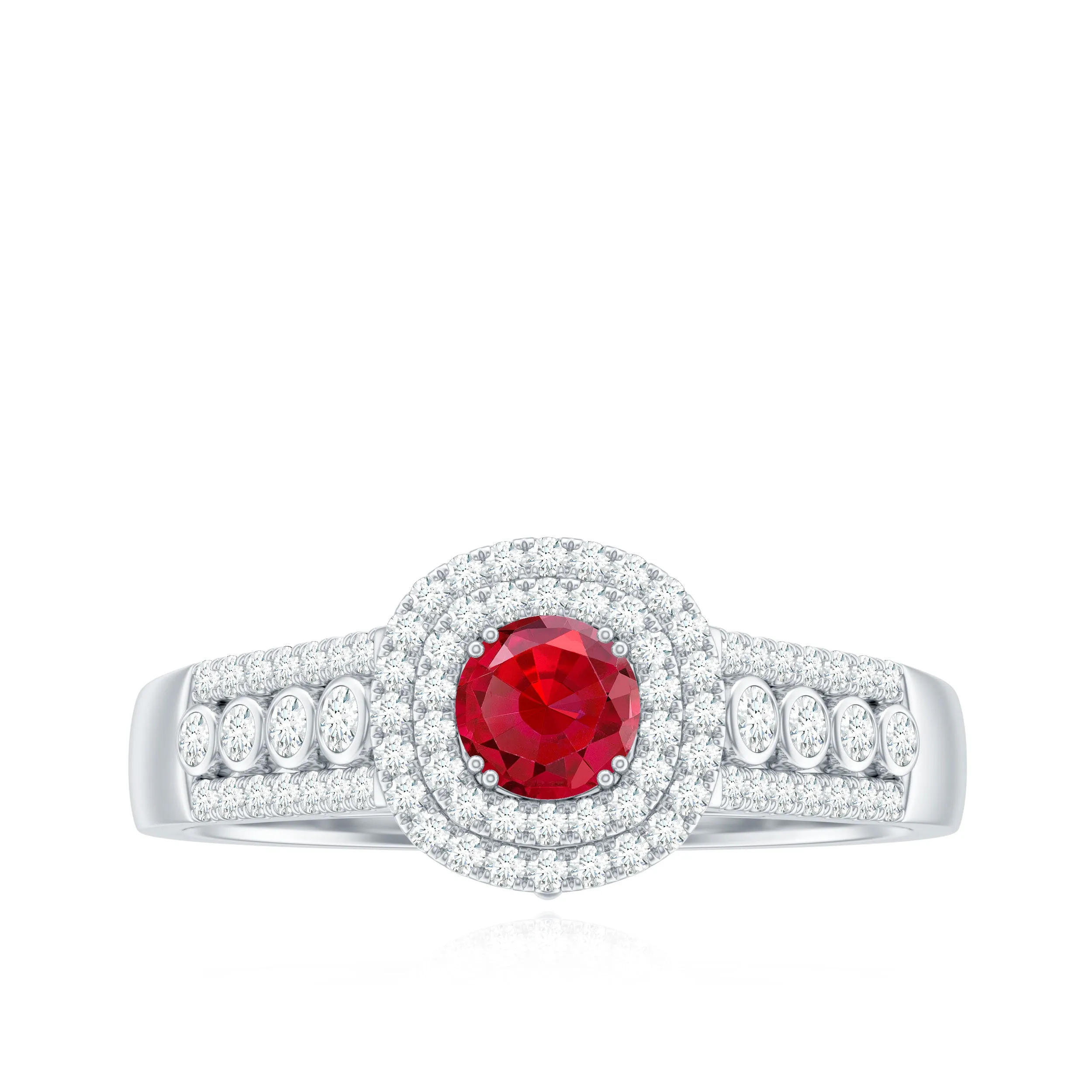 Classic Created Ruby and Moissanite Double Halo Engagement Ring