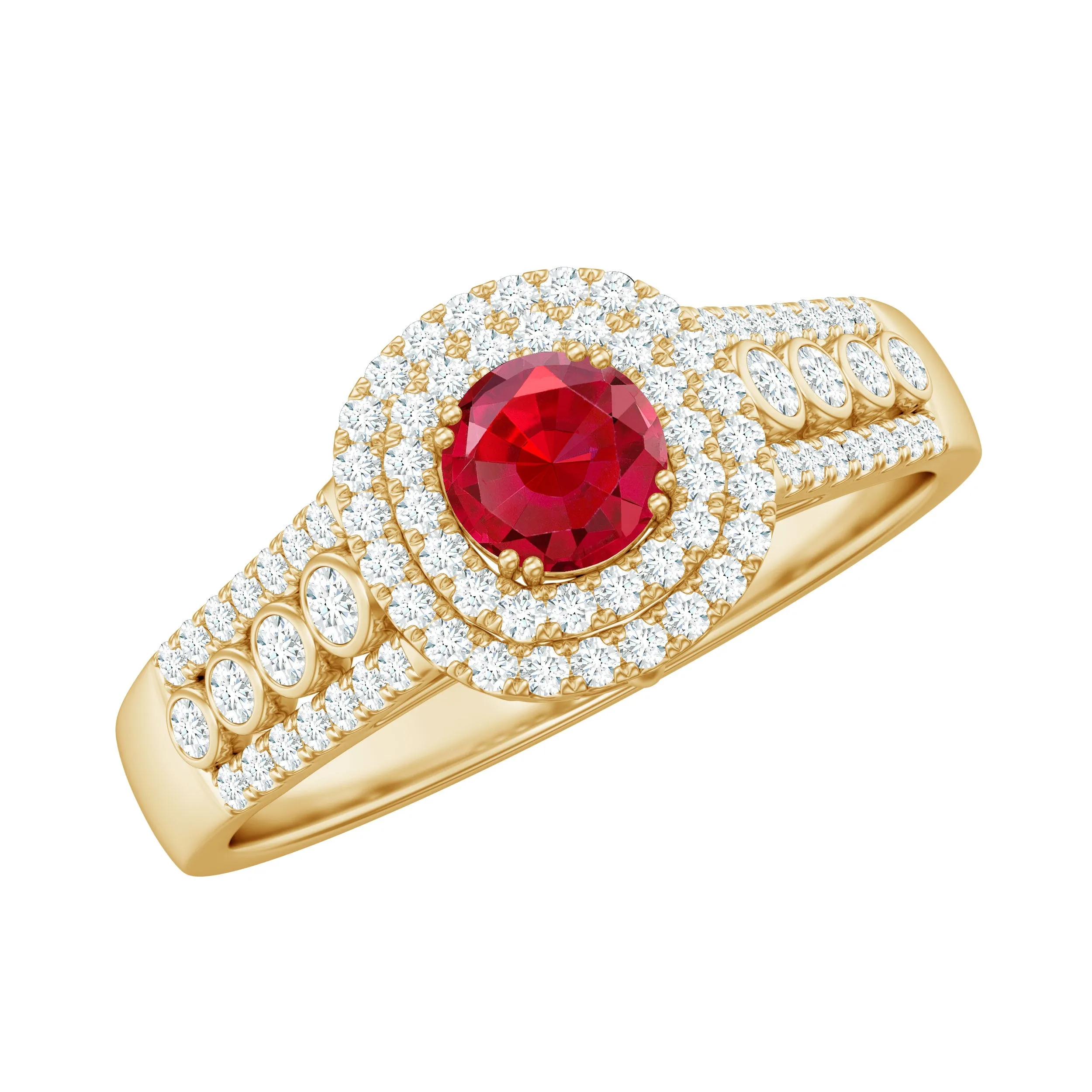 Classic Created Ruby and Moissanite Double Halo Engagement Ring