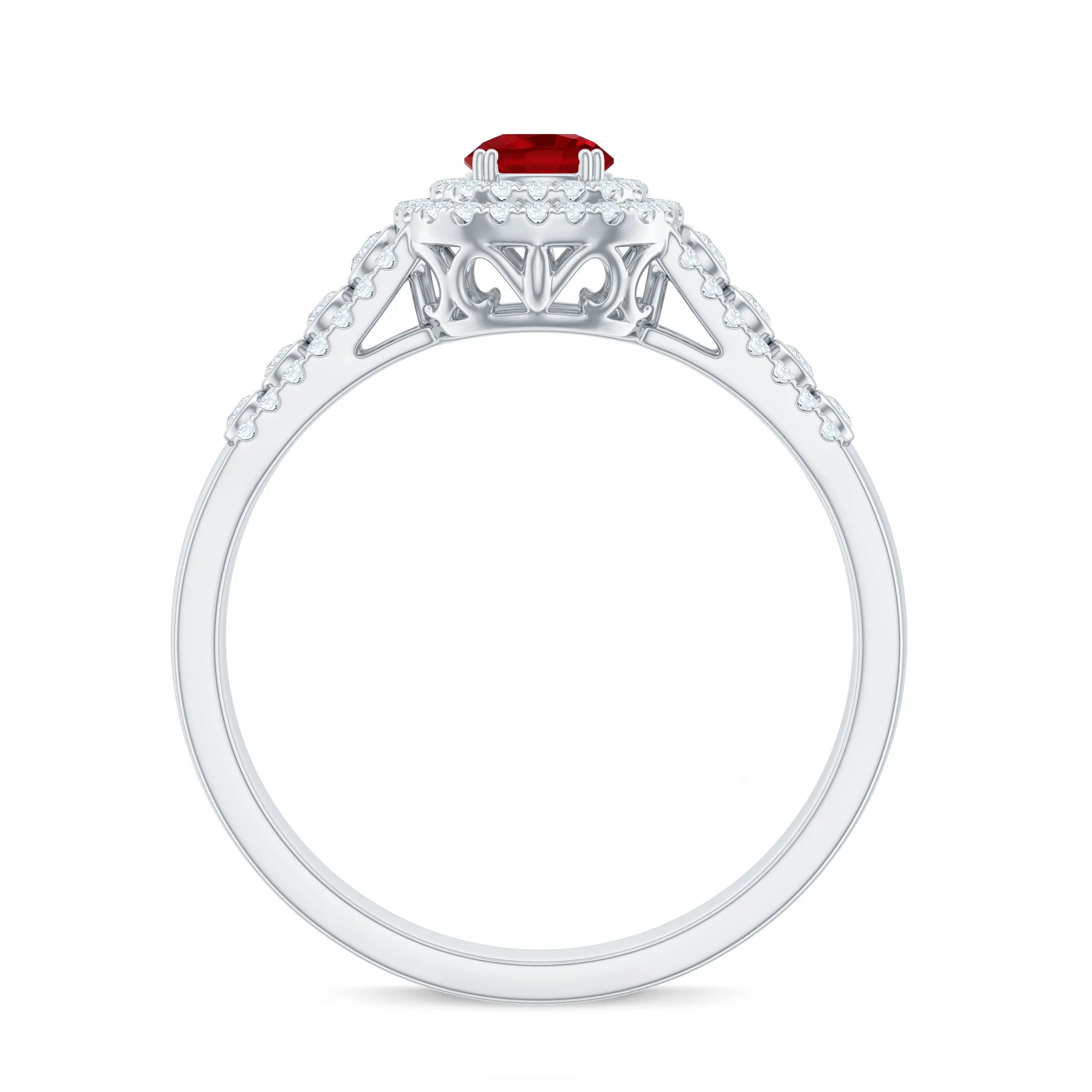 Classic Created Ruby and Moissanite Double Halo Engagement Ring