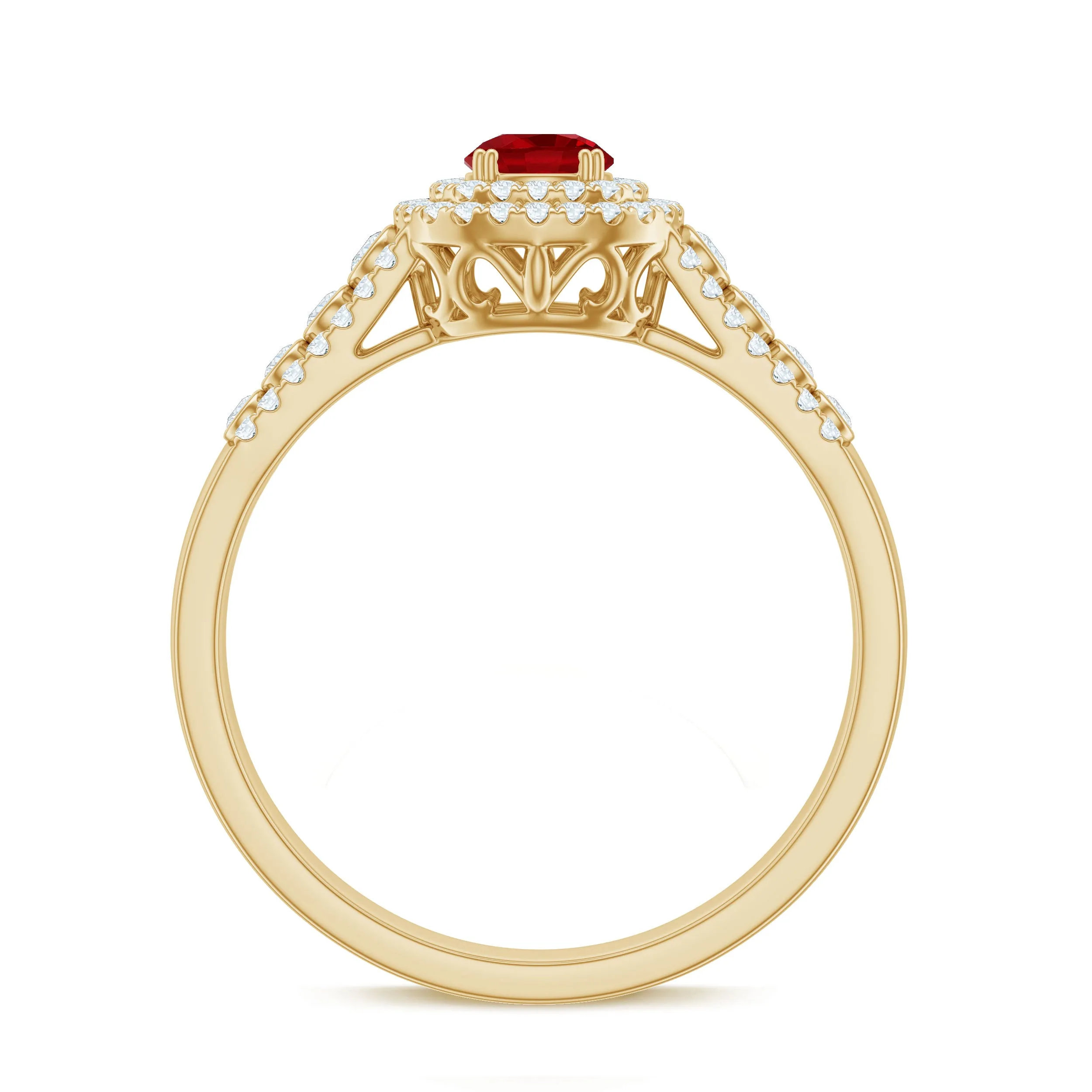 Classic Created Ruby and Moissanite Double Halo Engagement Ring