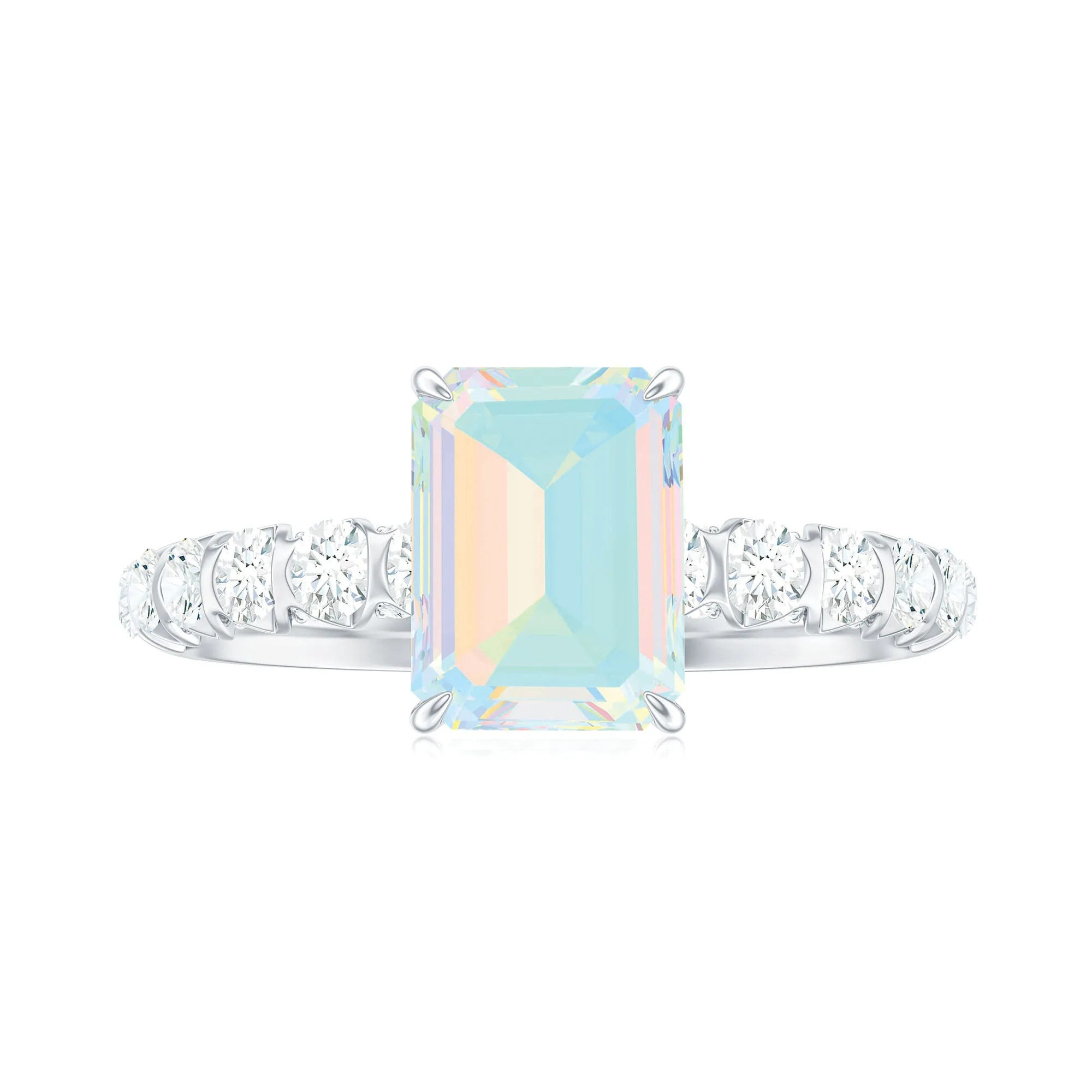 Claw Set Ethiopian Opal Solitaire Engagement Ring with Diamond Side Stones