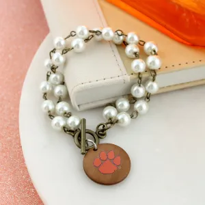 Clemson Logo Pearl & Wood Disc Toggle Bracelet