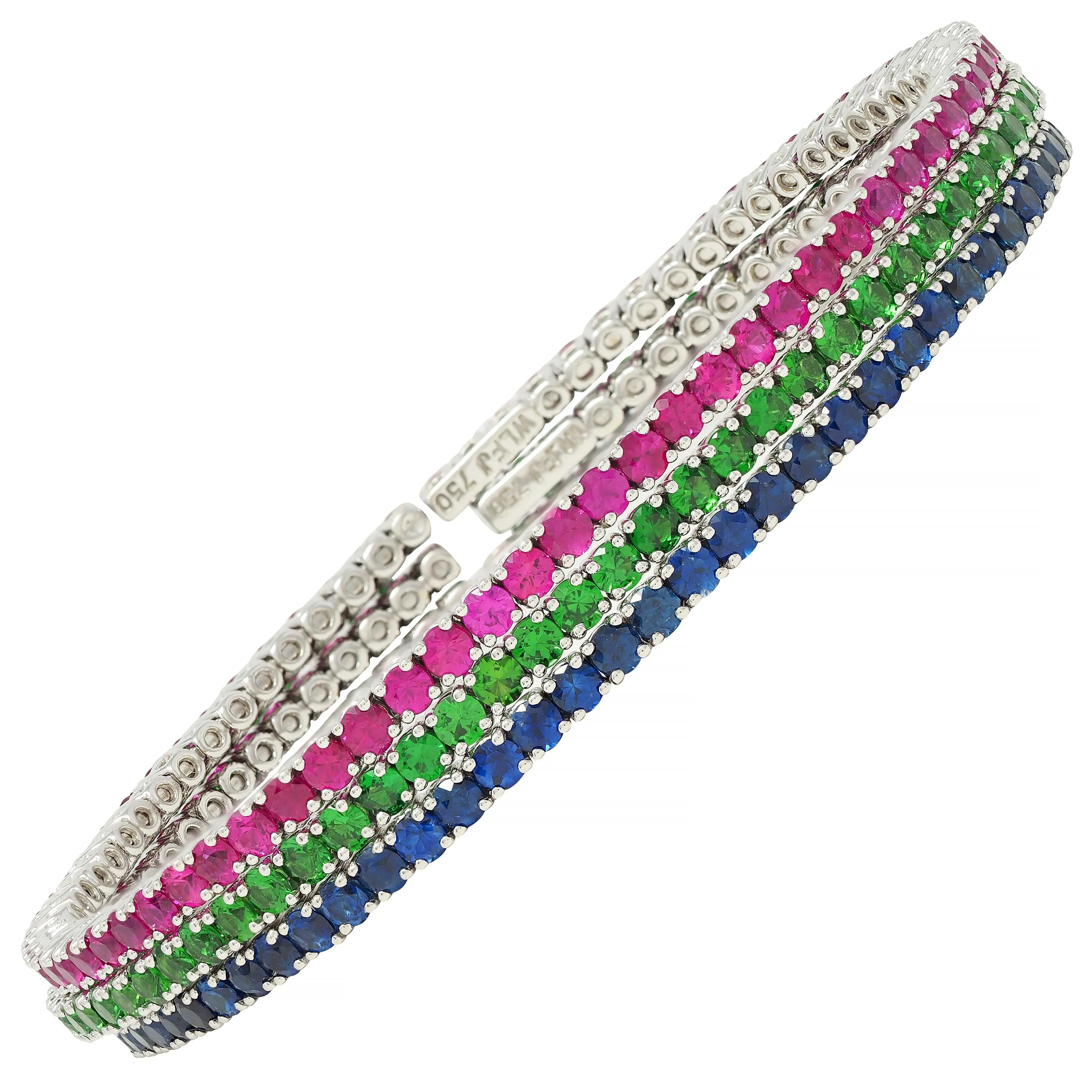 Contemporary 11.00 CTW Ruby Sapphire Tsavorite Garnet 18 Karat White Gold Flex Cuff Bracelet Trio Set