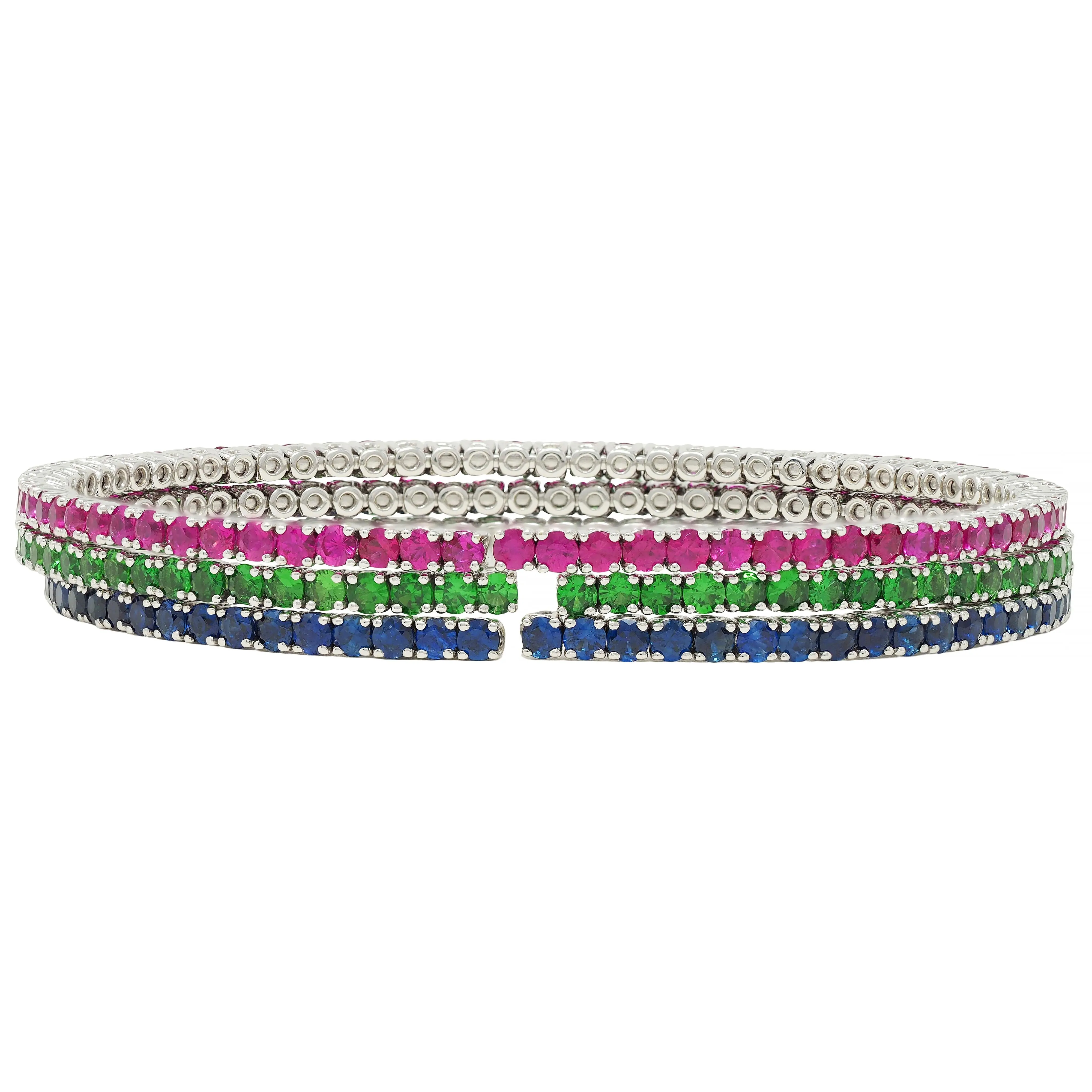 Contemporary 11.00 CTW Ruby Sapphire Tsavorite Garnet 18 Karat White Gold Flex Cuff Bracelet Trio Set