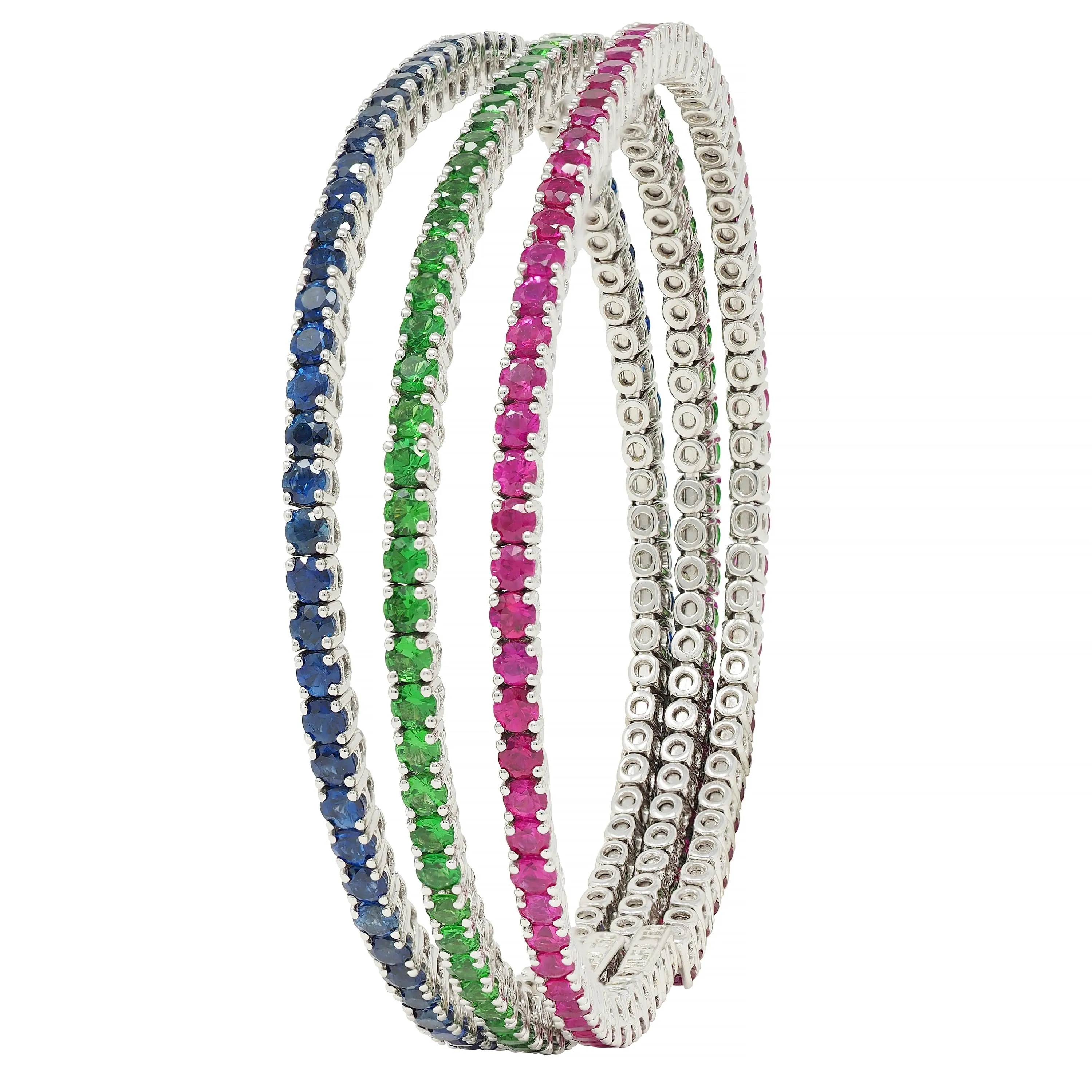 Contemporary 11.00 CTW Ruby Sapphire Tsavorite Garnet 18 Karat White Gold Flex Cuff Bracelet Trio Set