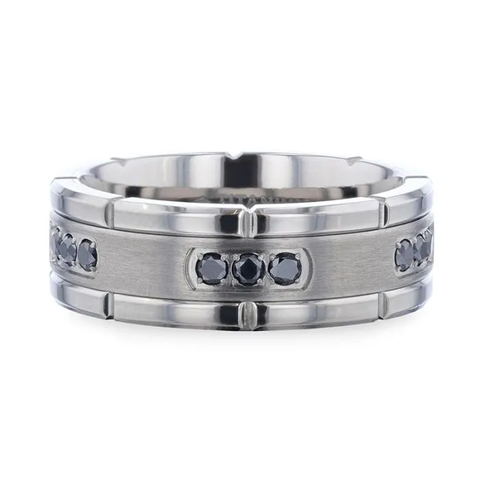 COURAGEOUS | Silver Titanium Ring, Double Grooved And Black Diamonds, Flat