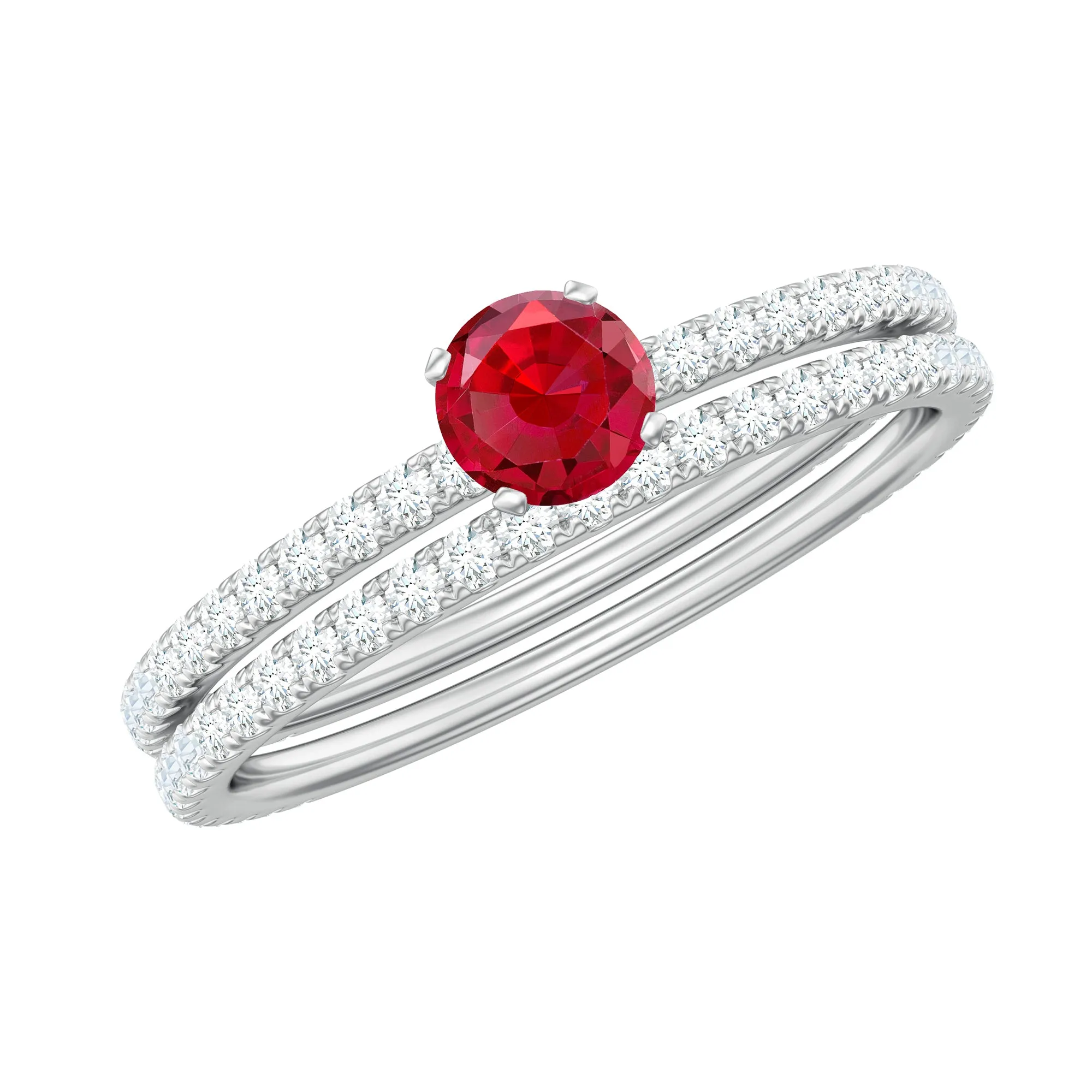 Created Ruby Minimal Wedding Ring Set with Diamond