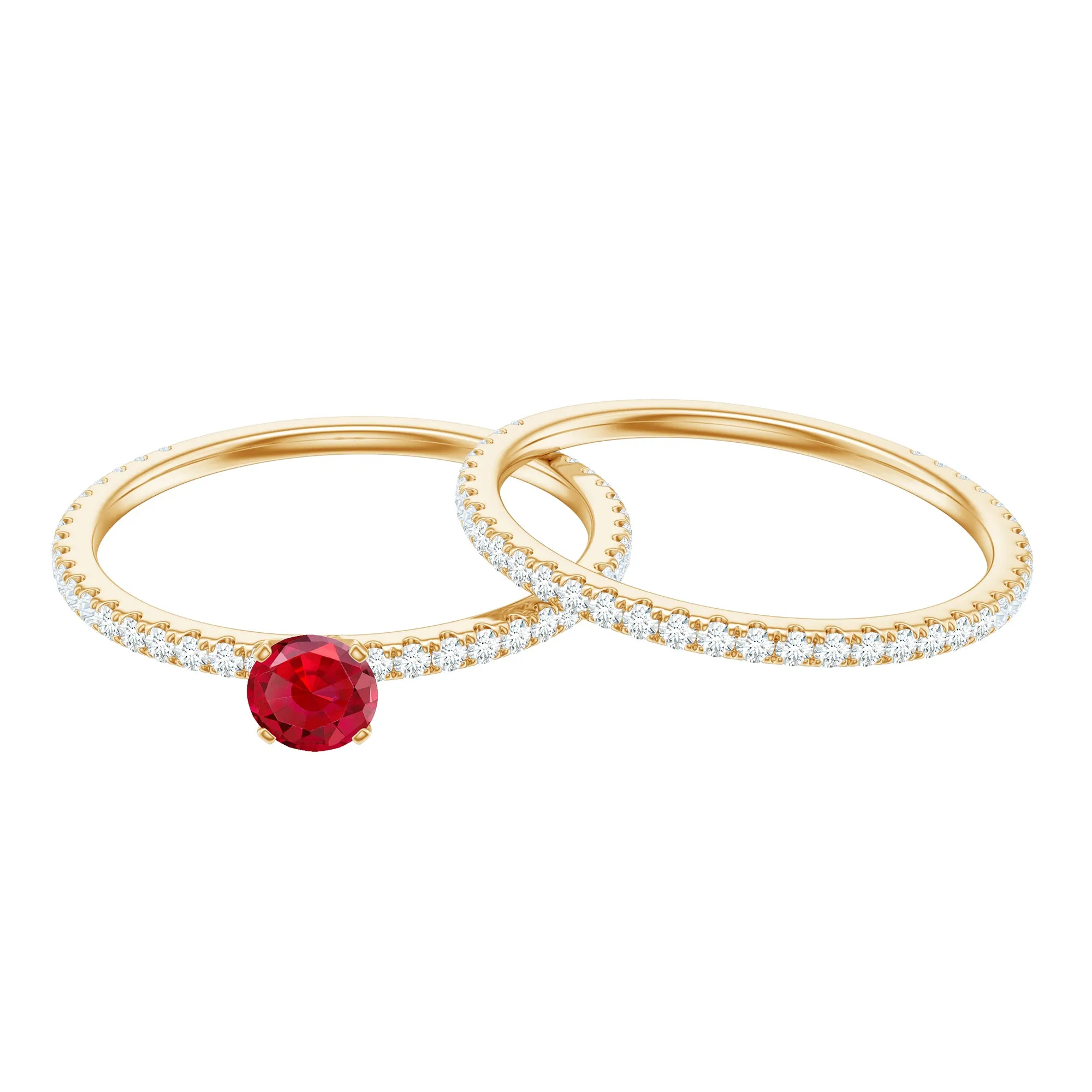 Created Ruby Minimal Wedding Ring Set with Diamond