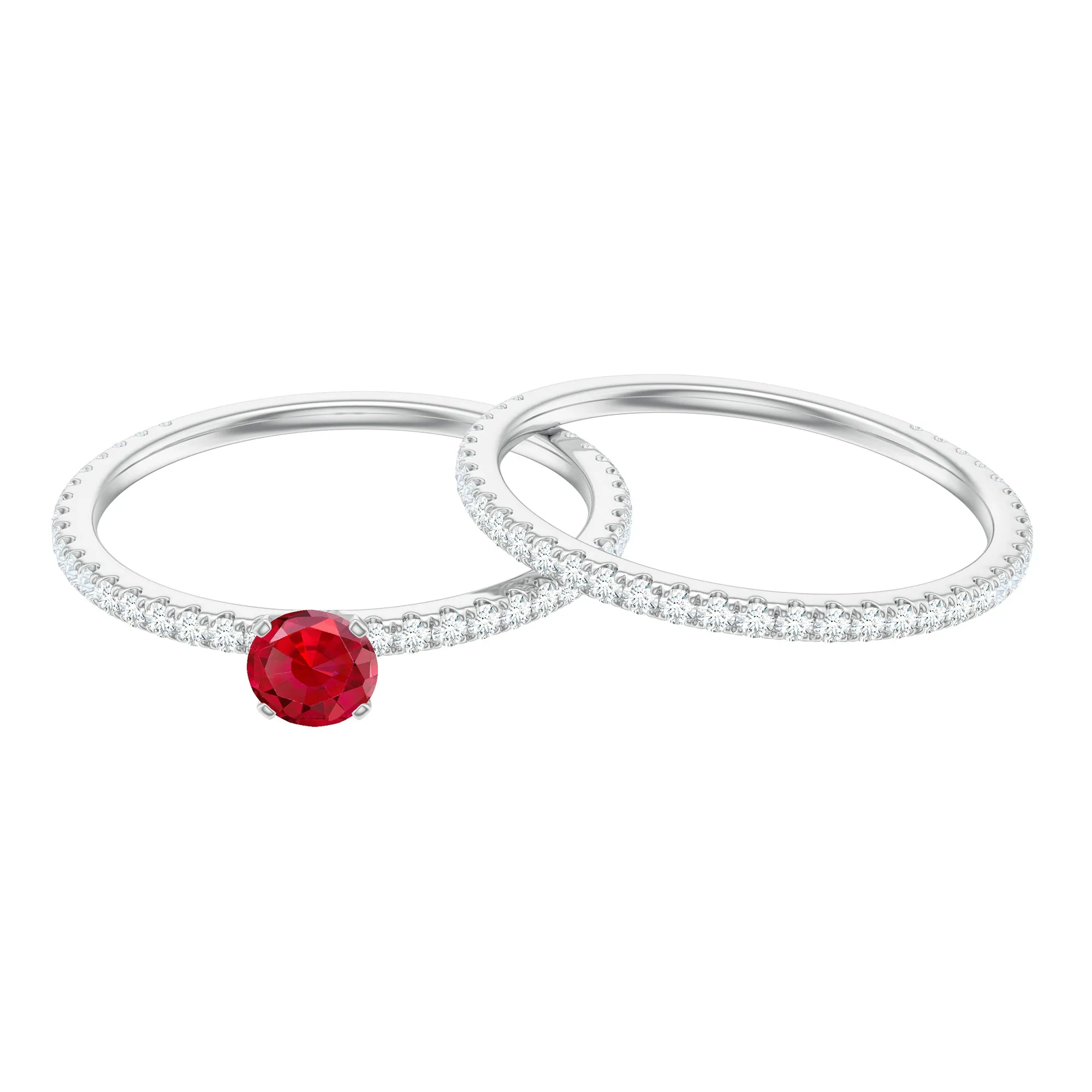 Created Ruby Minimal Wedding Ring Set with Diamond