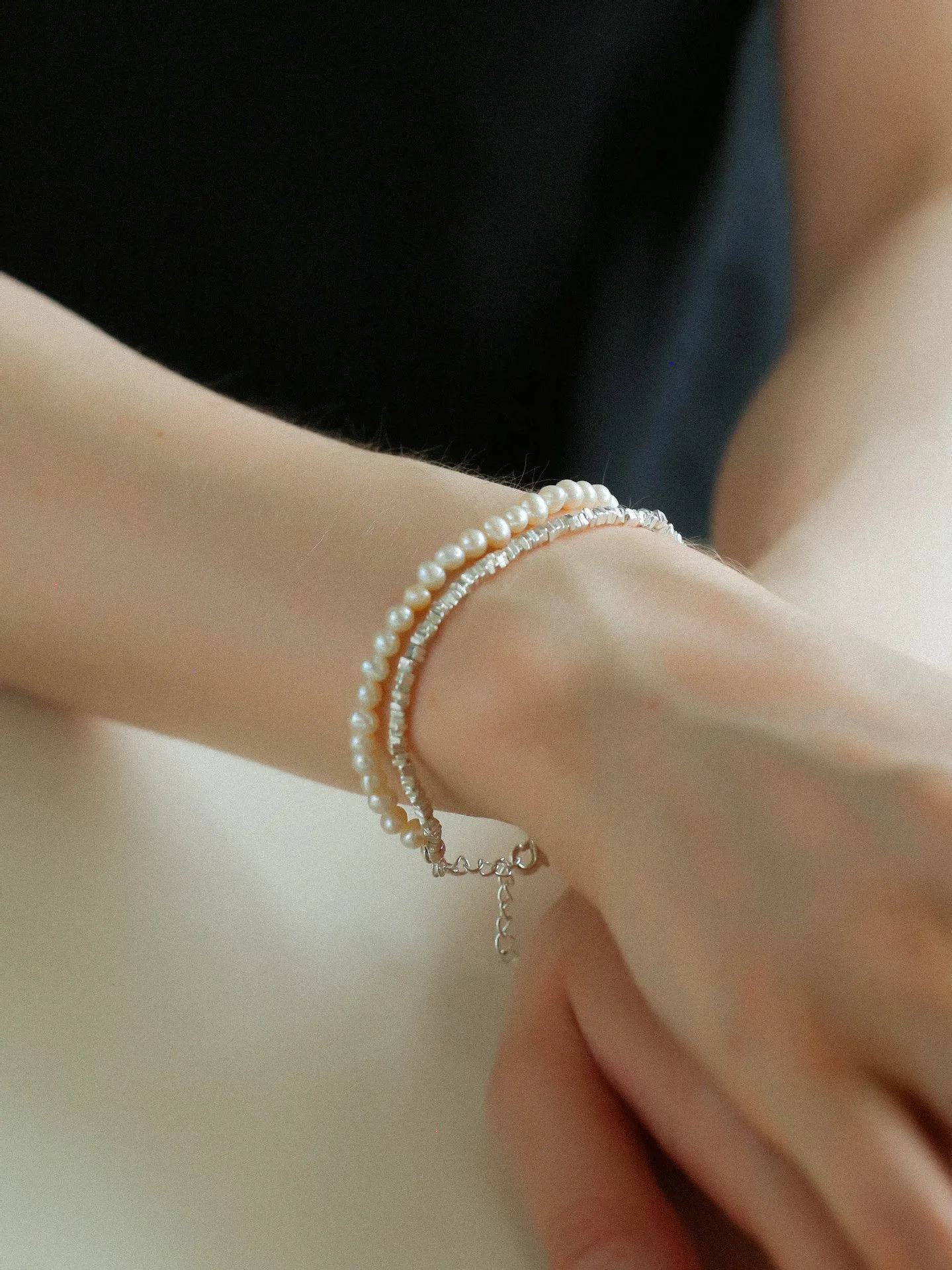 Crushed Silver Shards Double-Layer Pearl Bracelet