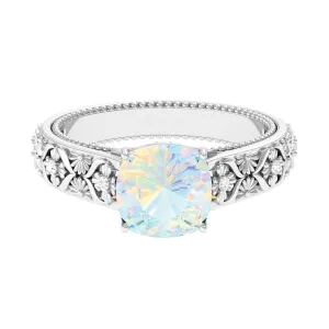 Cushion Cut Solitaire Ethiopian Opal Floral Engagement Ring with Diamond