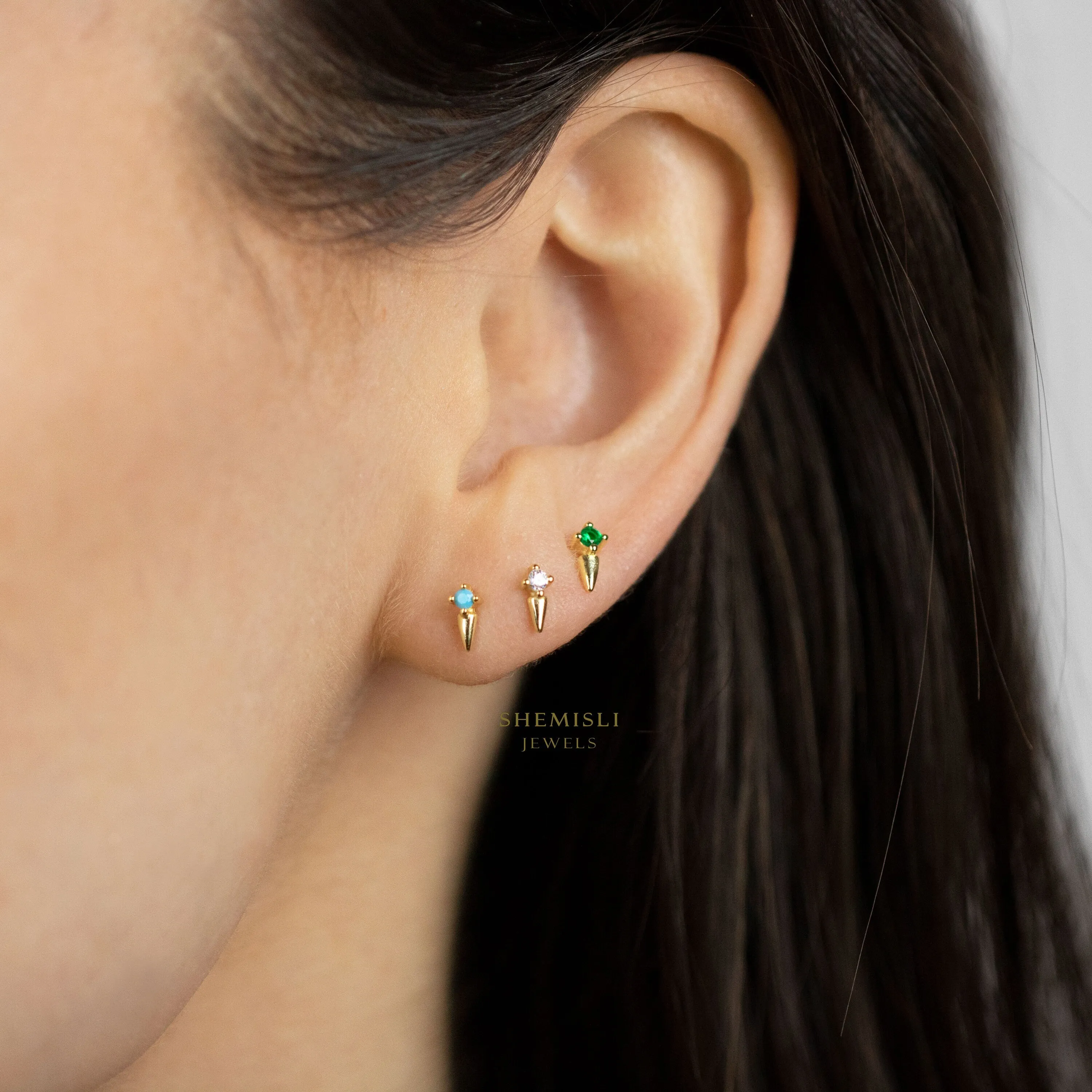 Dainty CZ Spike Studs, White, Emerald, Turquoise, Sapphire, Black Stone, Unisex, Gold, Silver SHEMISLI SS146, SS261, SS262, SS263, SS264