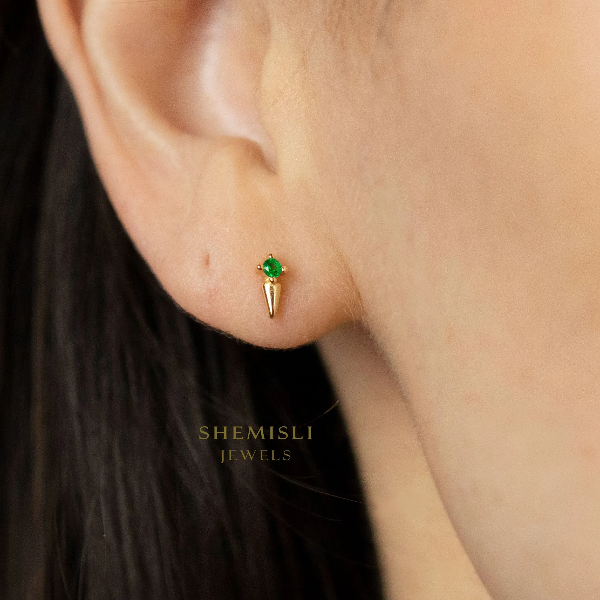 Dainty CZ Spike Studs, White, Emerald, Turquoise, Sapphire, Black Stone, Unisex, Gold, Silver SHEMISLI SS146, SS261, SS262, SS263, SS264