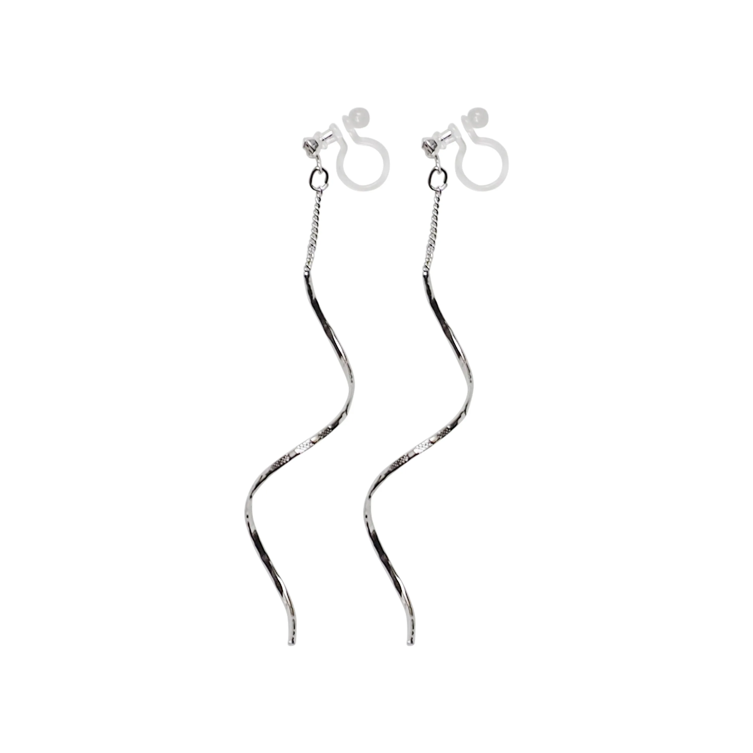 Dangle Silver Waved Bar Invisible Clip On Earrings