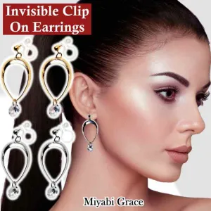 Dangle Teardrop CZ Cubic Zirconia Crystal Invisible Clip On Earrings