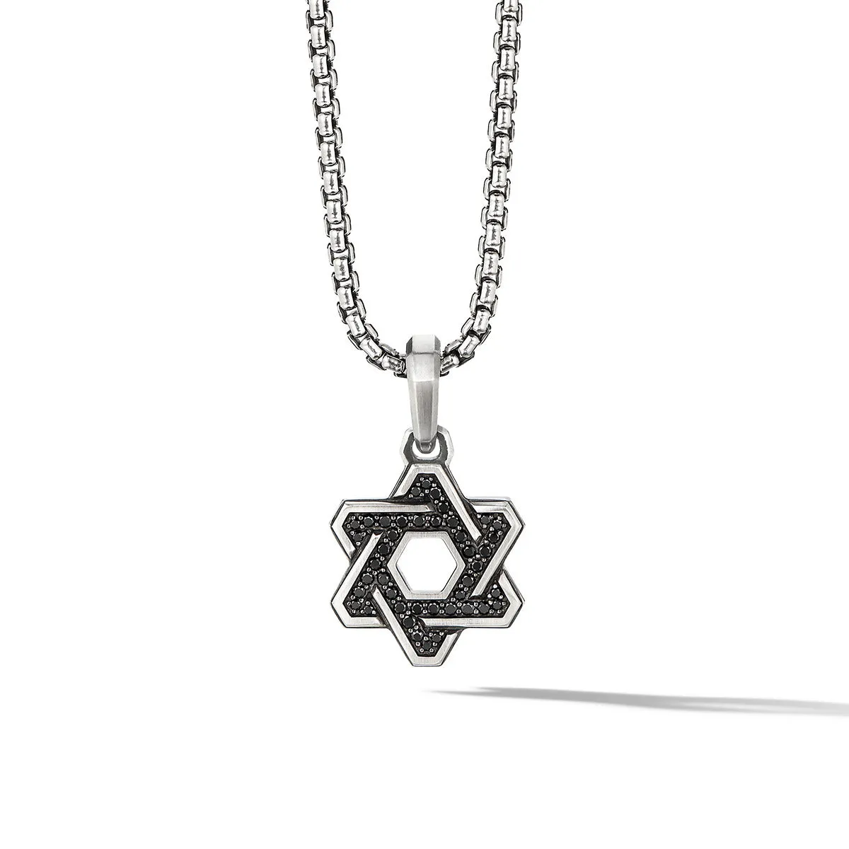 Deco Star of David Pendant in Sterling Silver with Pave Black Diamonds