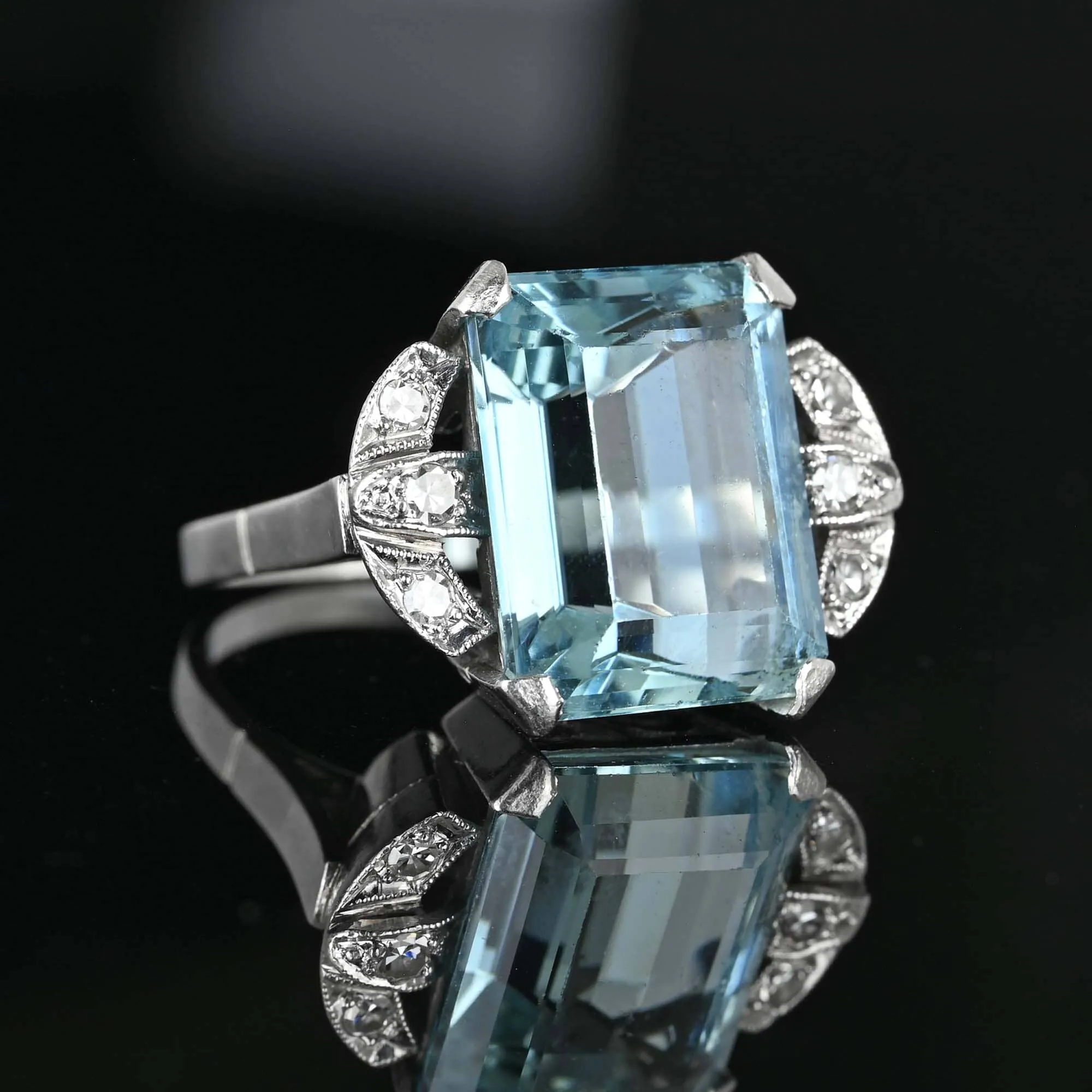 DEPOSIT Art Deco Platinum Diamond Aquamarine Ring