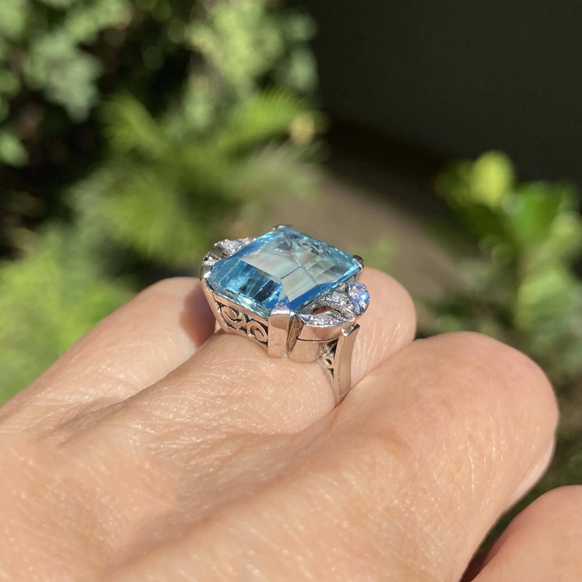 DEPOSIT Art Deco Platinum Diamond Aquamarine Ring