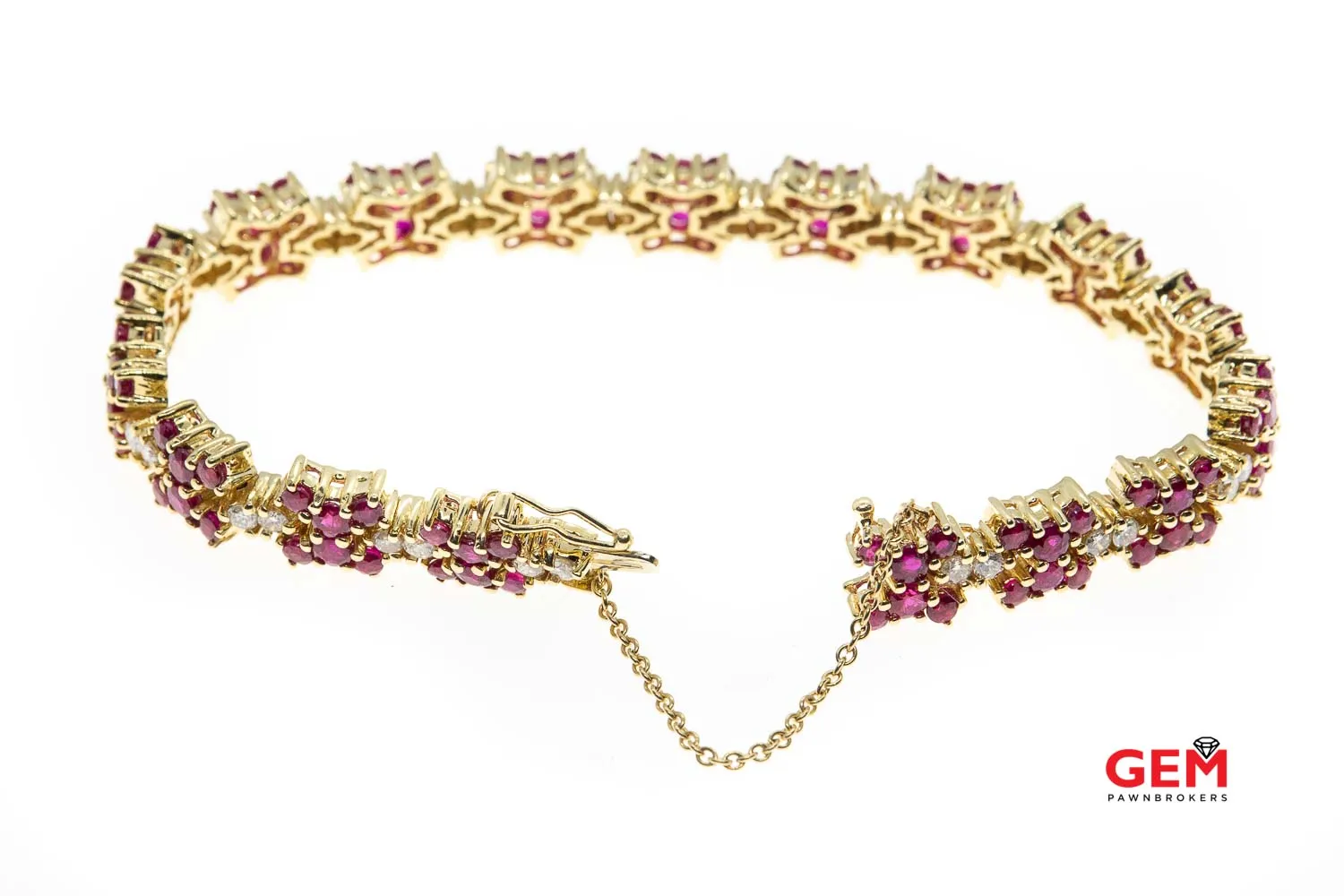 Diamond & Natural Ruby Gemstone 14k 585 Yellow Clover Flower Tennis Bracelet