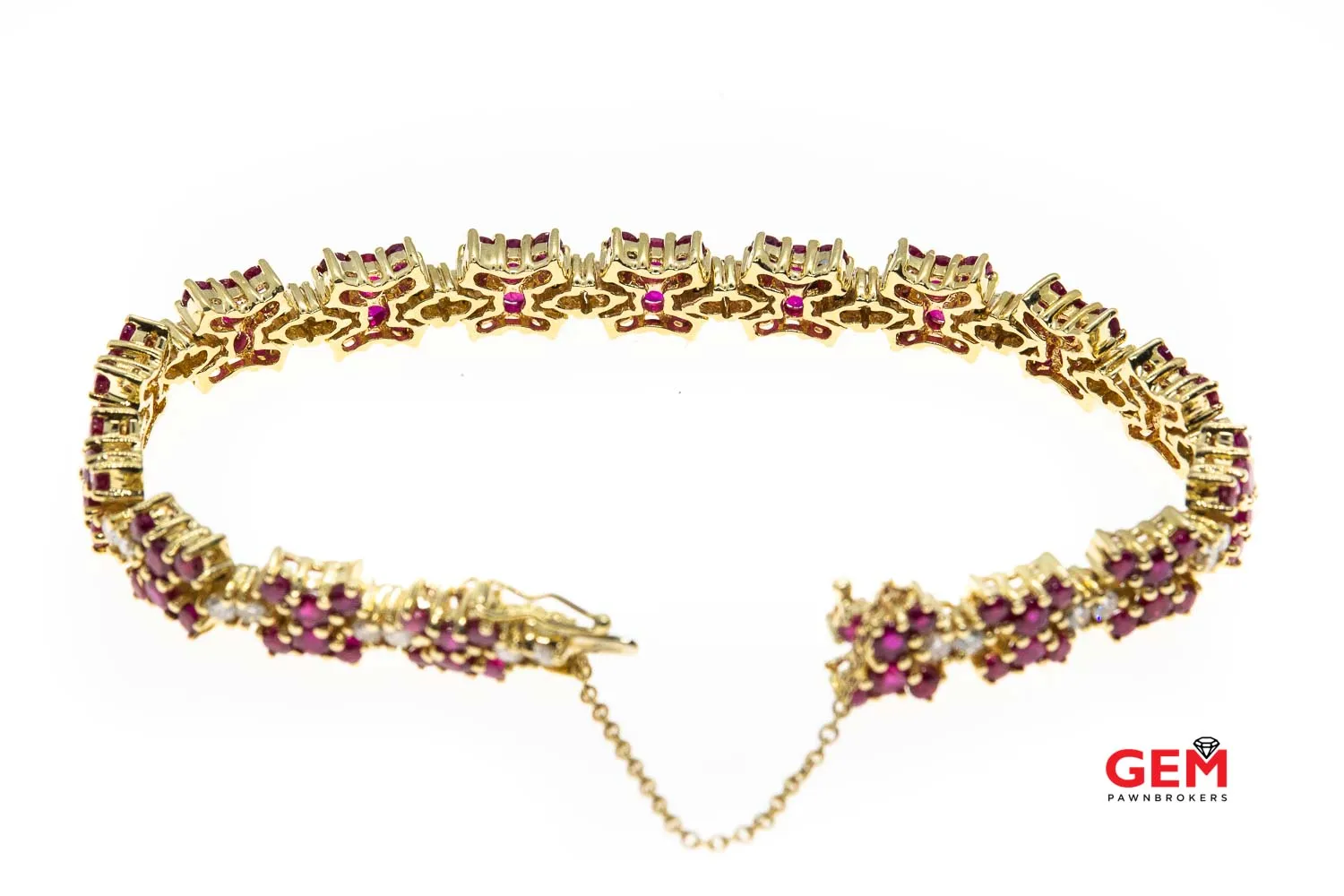 Diamond & Natural Ruby Gemstone 14k 585 Yellow Clover Flower Tennis Bracelet