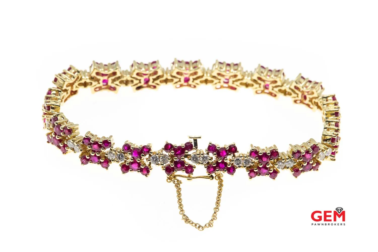 Diamond & Natural Ruby Gemstone 14k 585 Yellow Clover Flower Tennis Bracelet