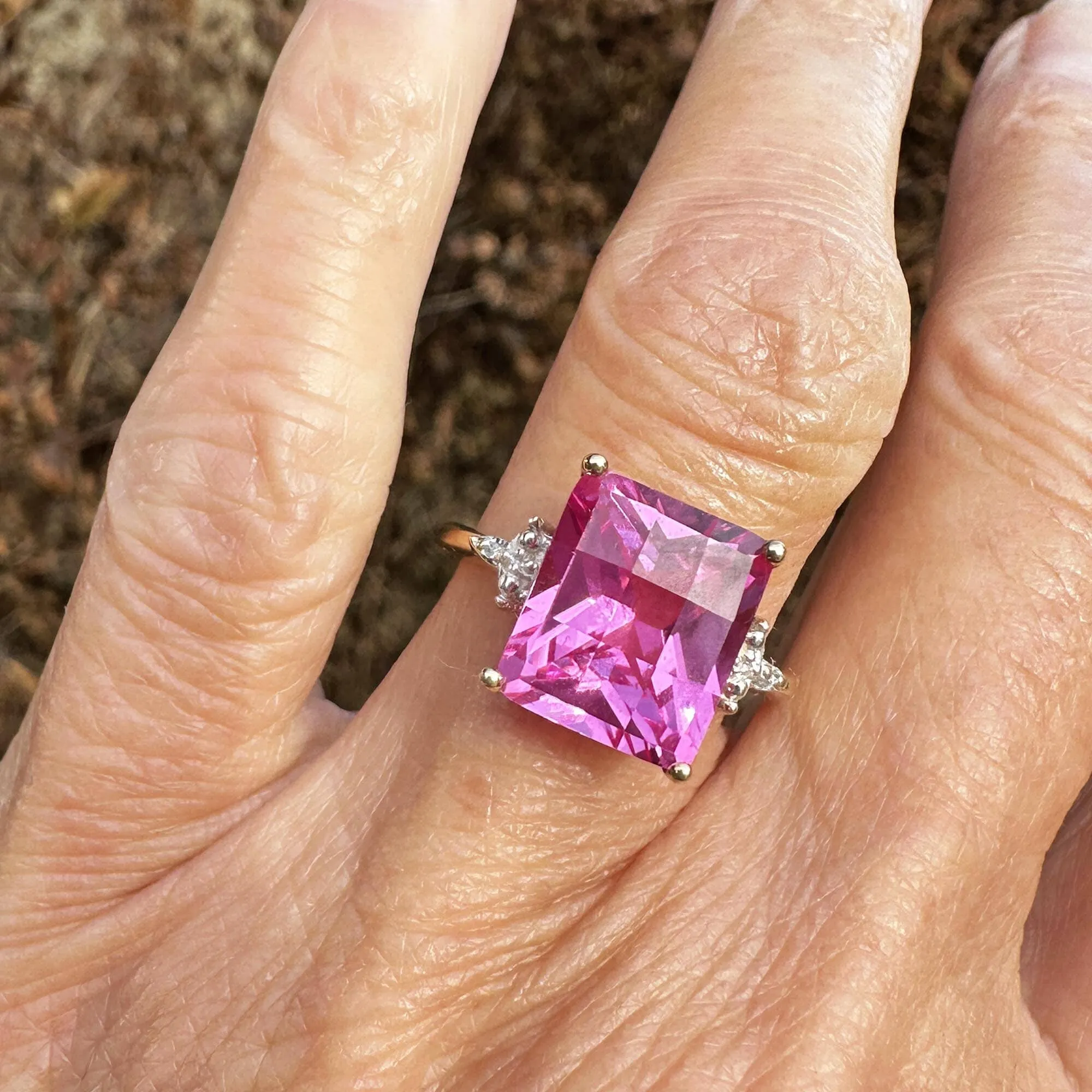 Diamond Fancy Cut Checkerboard Pink Sapphire Ring in Gold