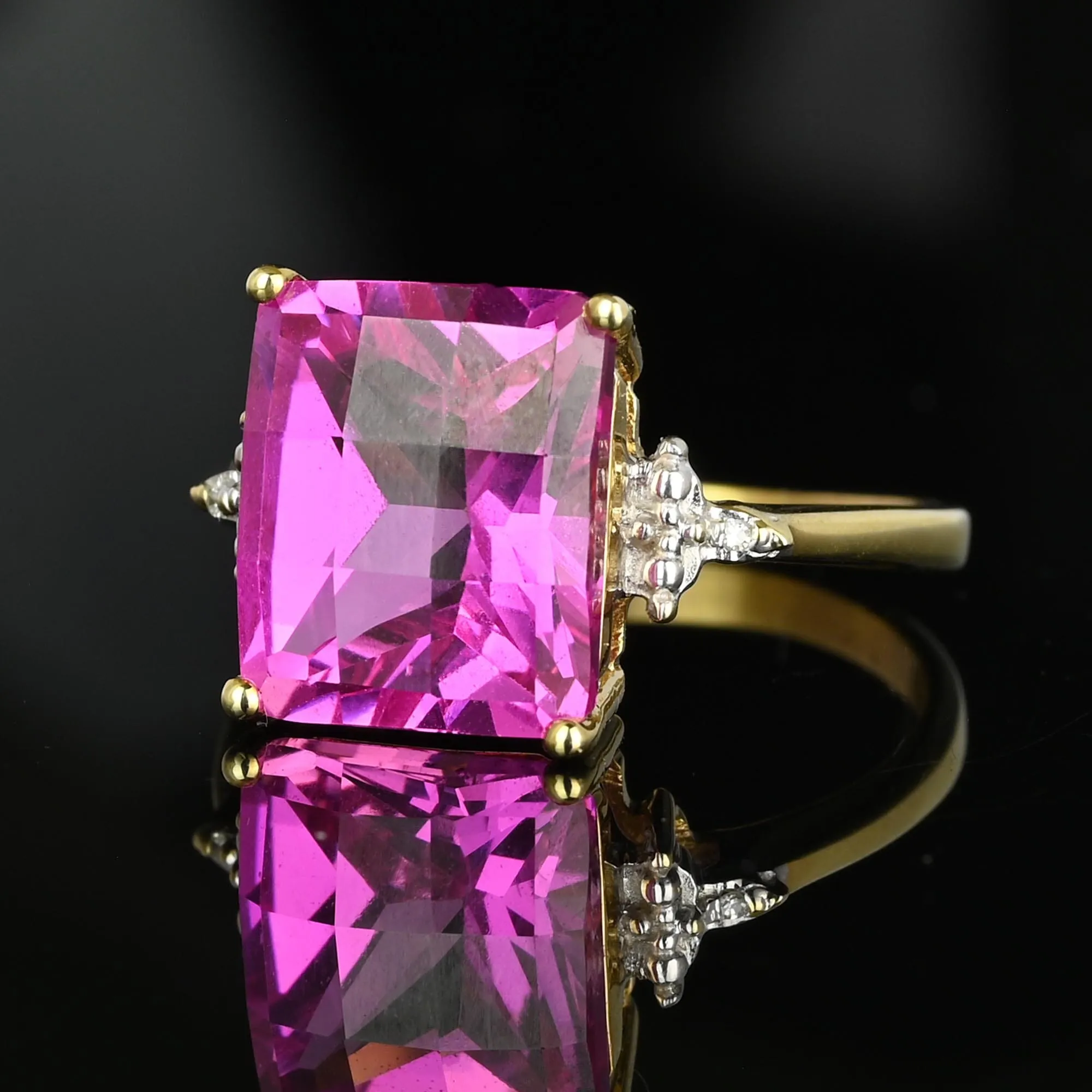 Diamond Fancy Cut Checkerboard Pink Sapphire Ring in Gold