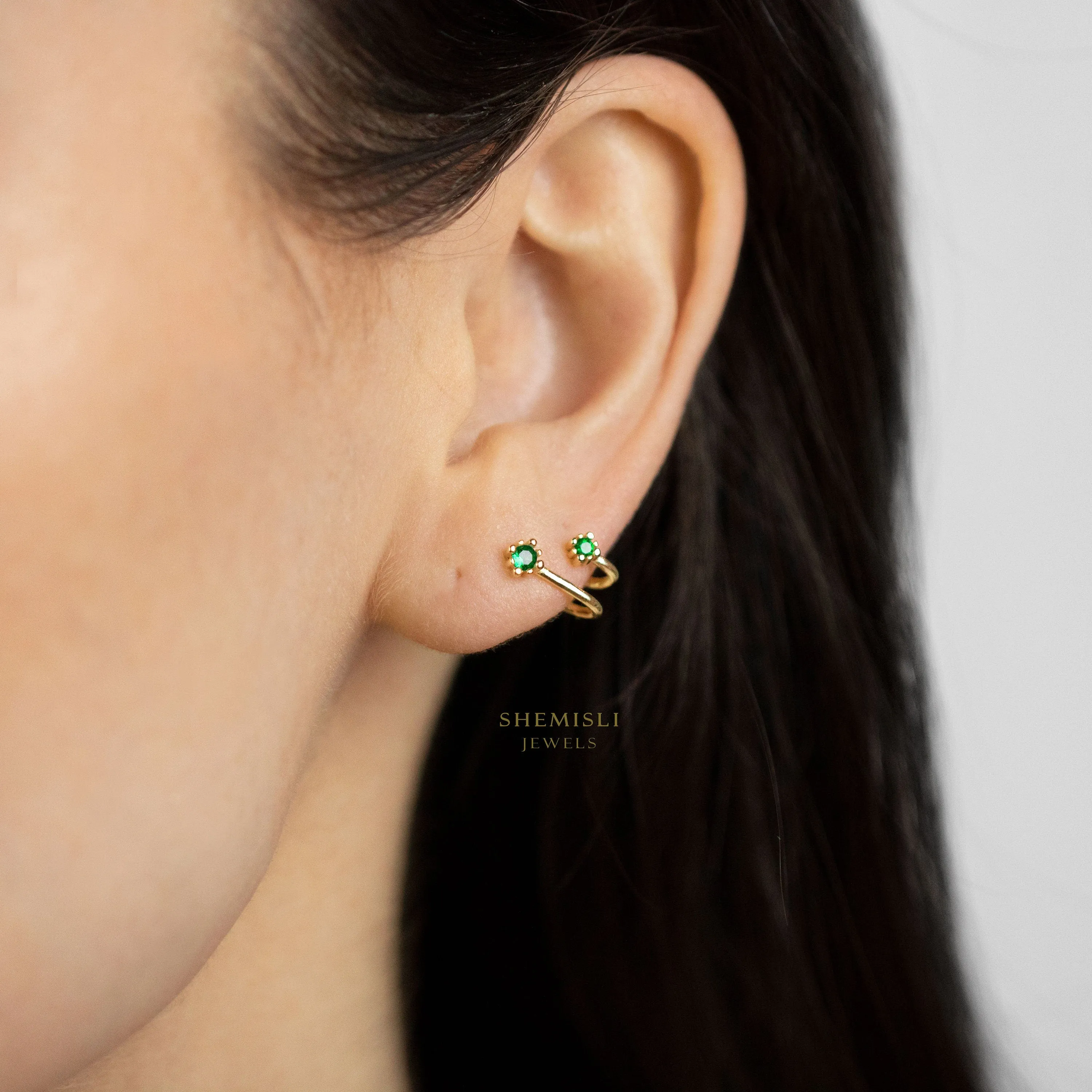 Double Lined CZ Earring, Fake Two Piercings, Unisex, Gold, Silver SHEMISLI SS258, SS306 LR