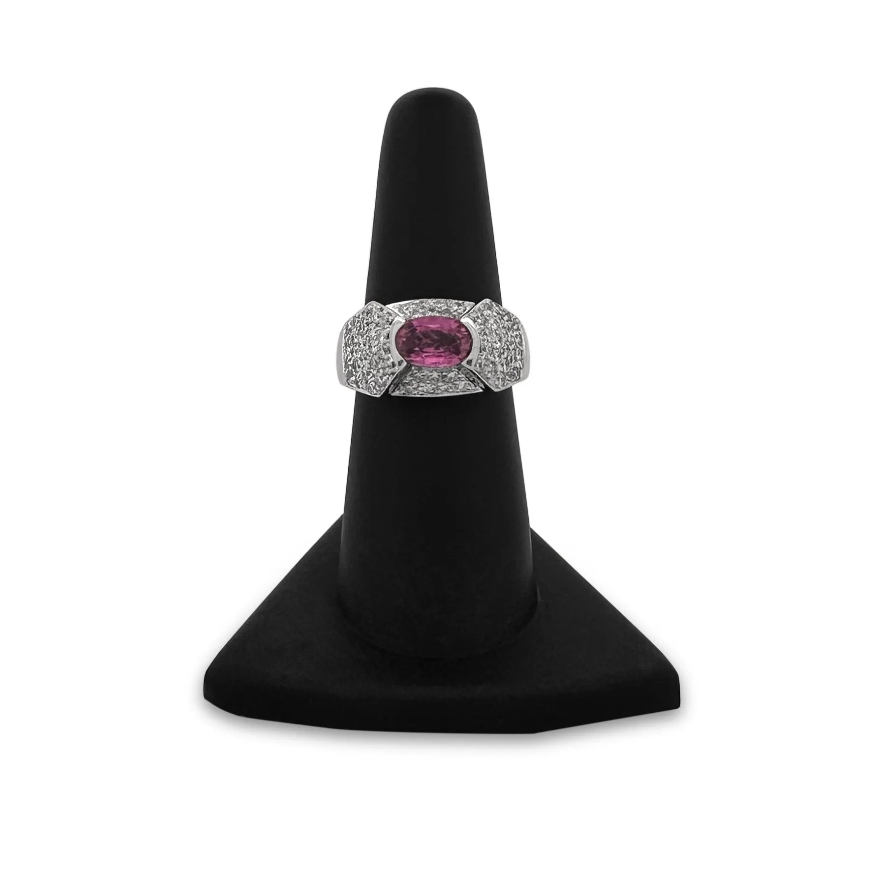 East West Oval Pink Sapphire and Diamond Pavé Ring in 18k White Gold