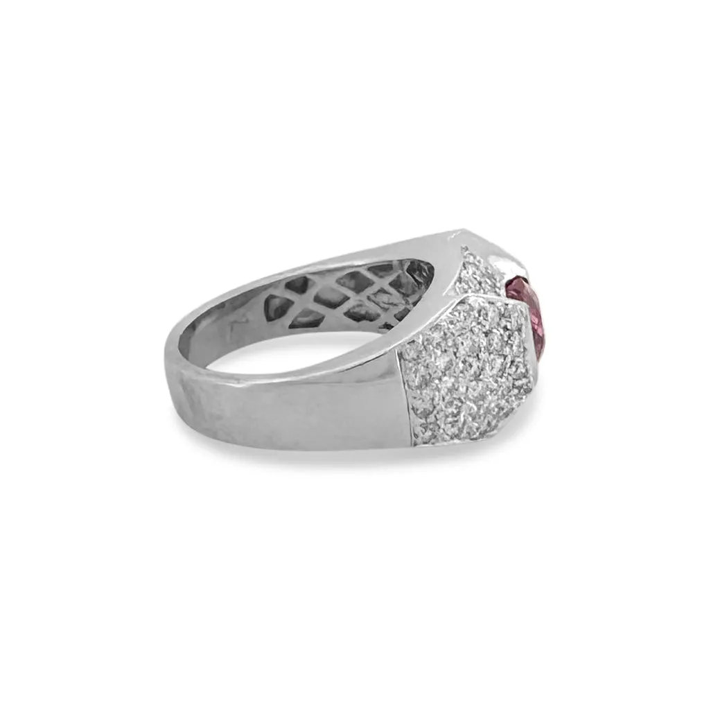 East West Oval Pink Sapphire and Diamond Pavé Ring in 18k White Gold