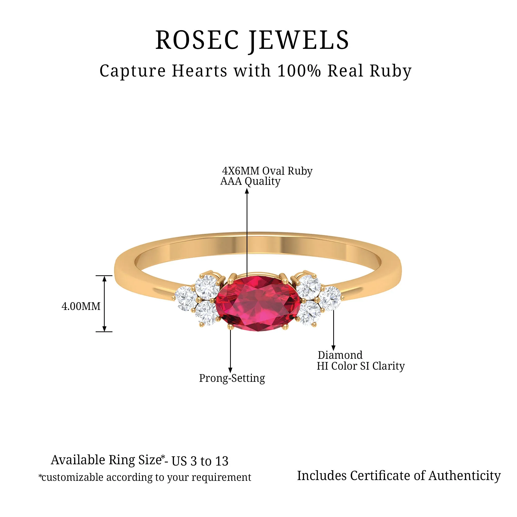 East West Ruby Oval Engagement Ring with Diamond Trio