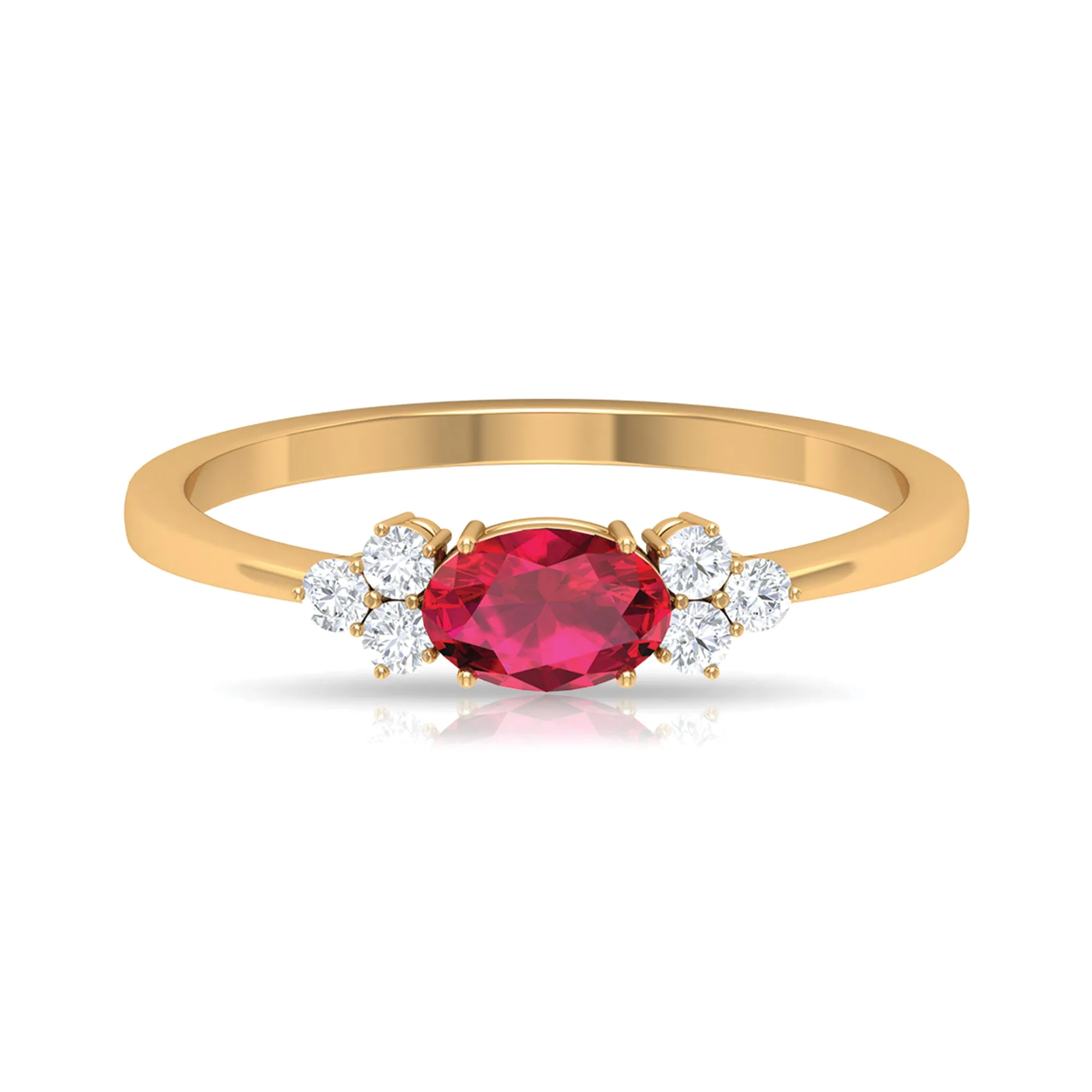 East West Ruby Oval Engagement Ring with Diamond Trio