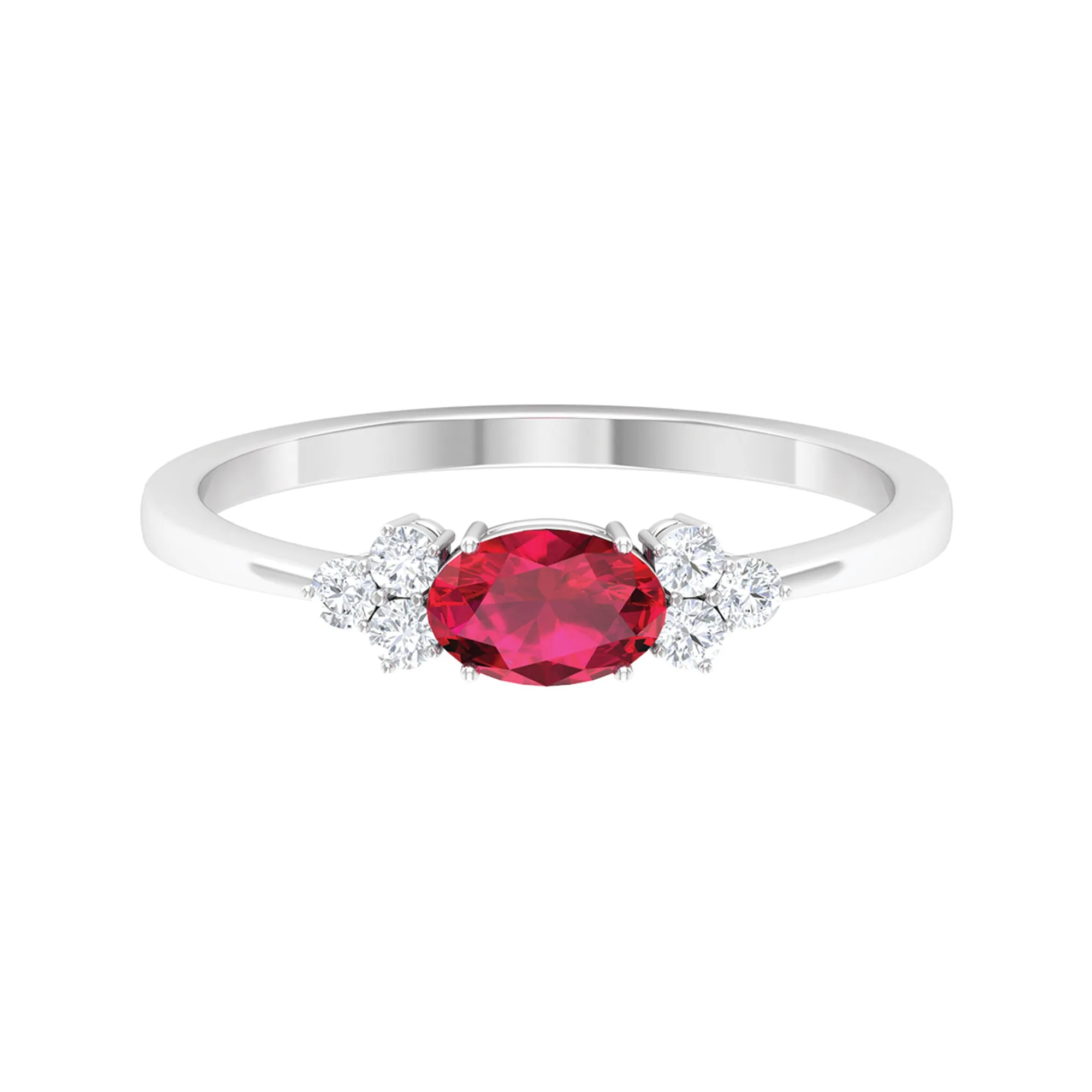 East West Ruby Oval Engagement Ring with Diamond Trio