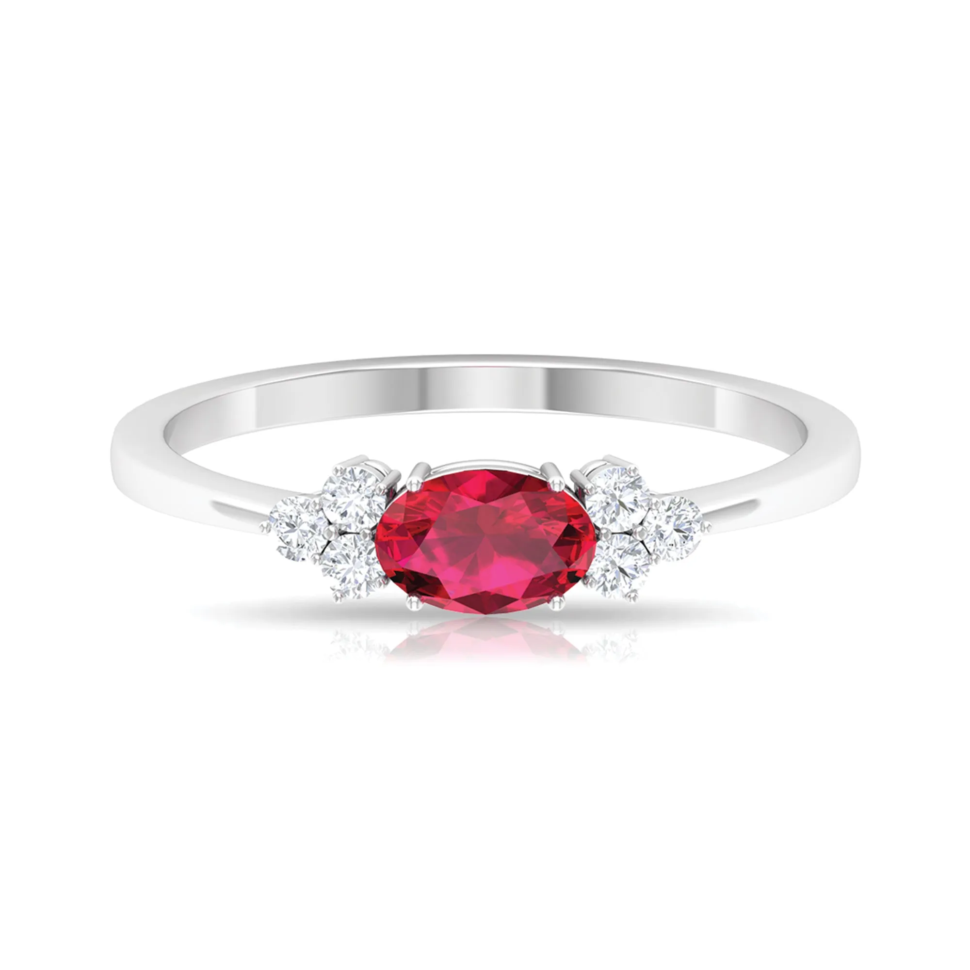 East West Ruby Oval Engagement Ring with Diamond Trio