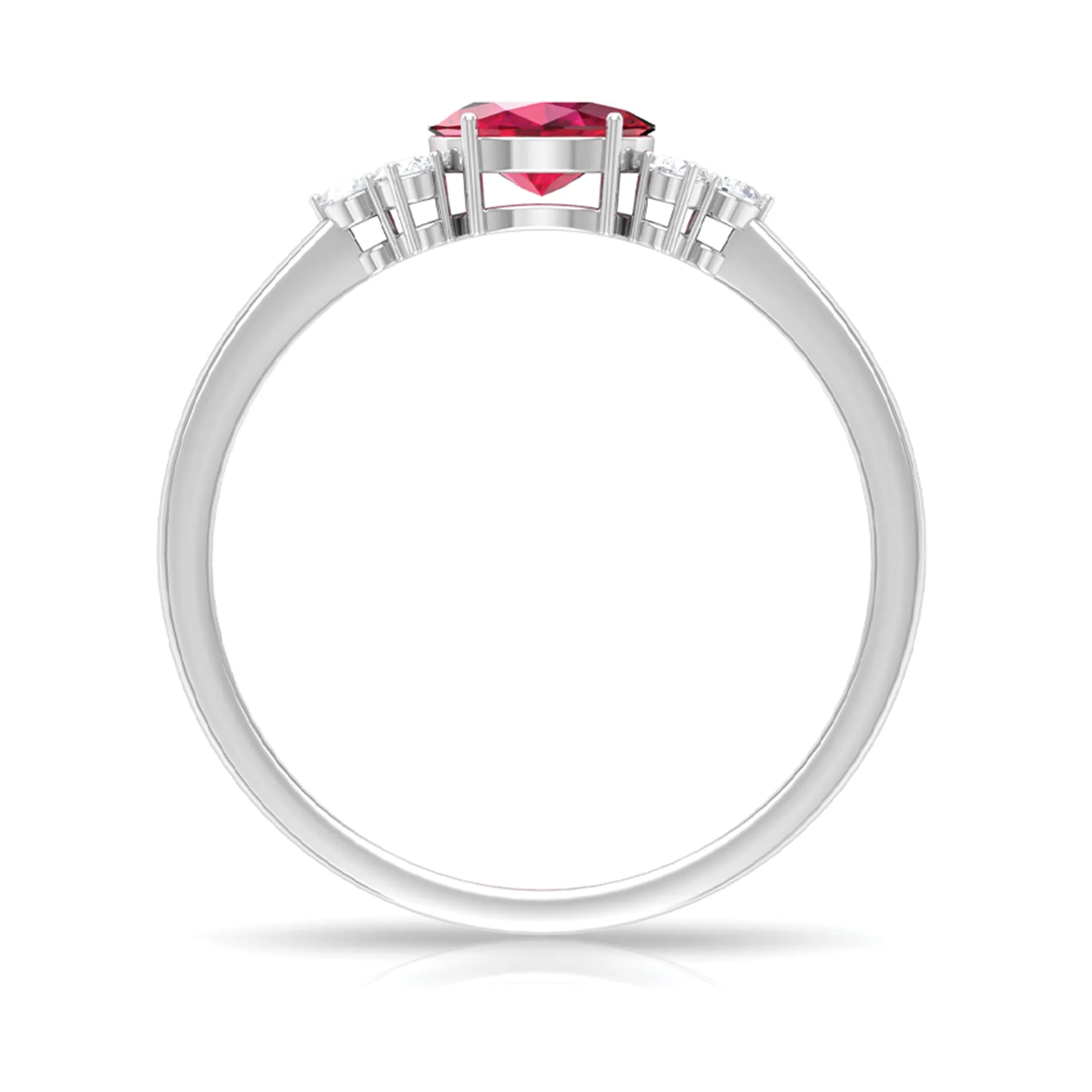 East West Ruby Oval Engagement Ring with Diamond Trio