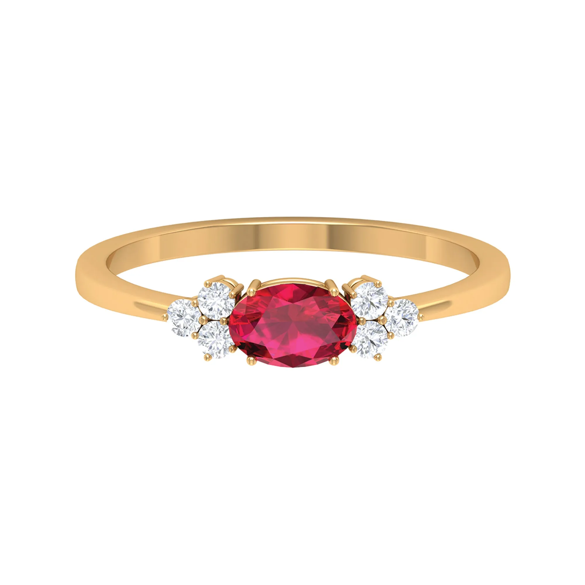 East West Ruby Oval Engagement Ring with Diamond Trio