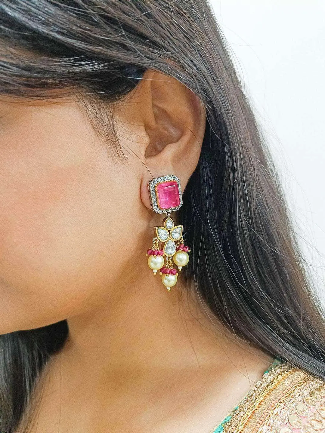 Embllished Ad Drop Earrings Pink