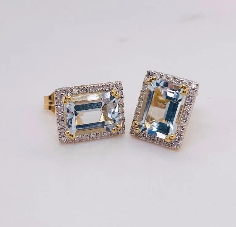 Emerald Cut Aquamarine with Diamond Halo Studs Earrings