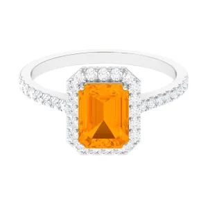 Emerald Cut Fire Opal Simple Engagement Ring with Diamond Halo