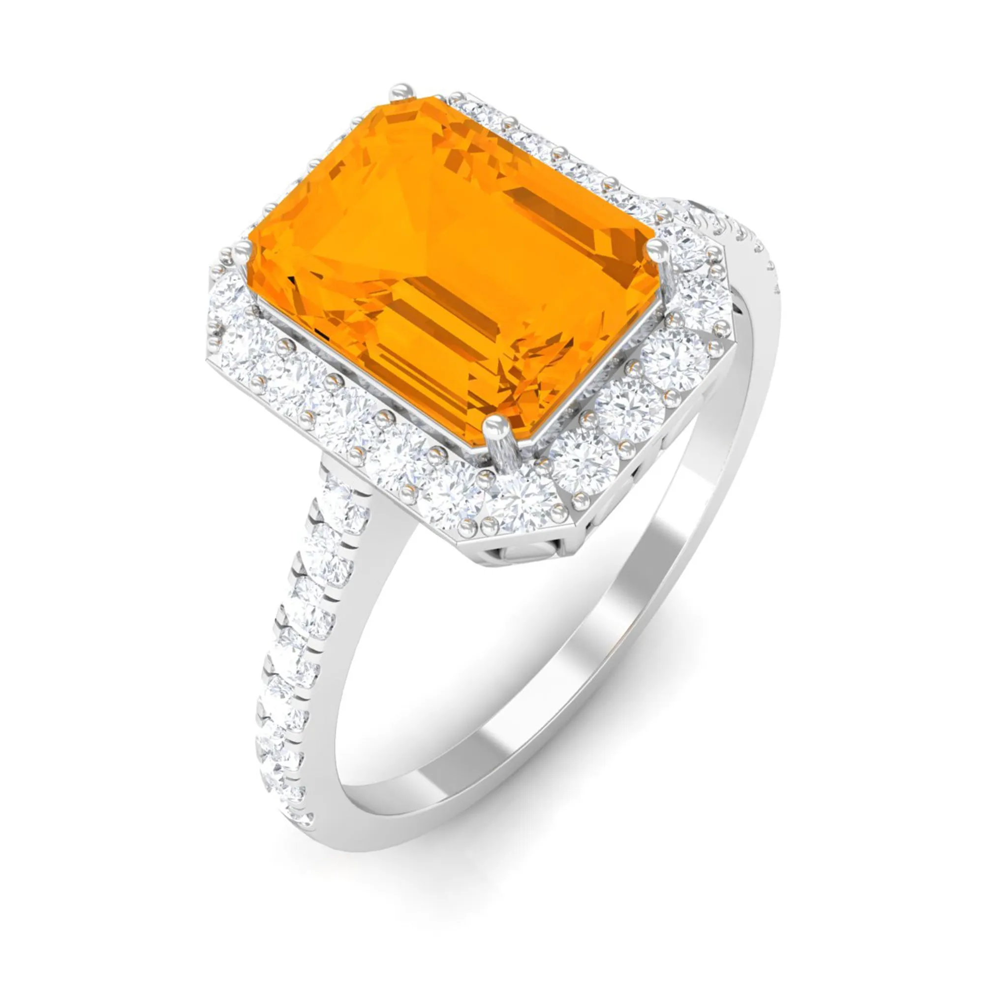 Emerald Cut Fire Opal Simple Engagement Ring with Diamond Halo