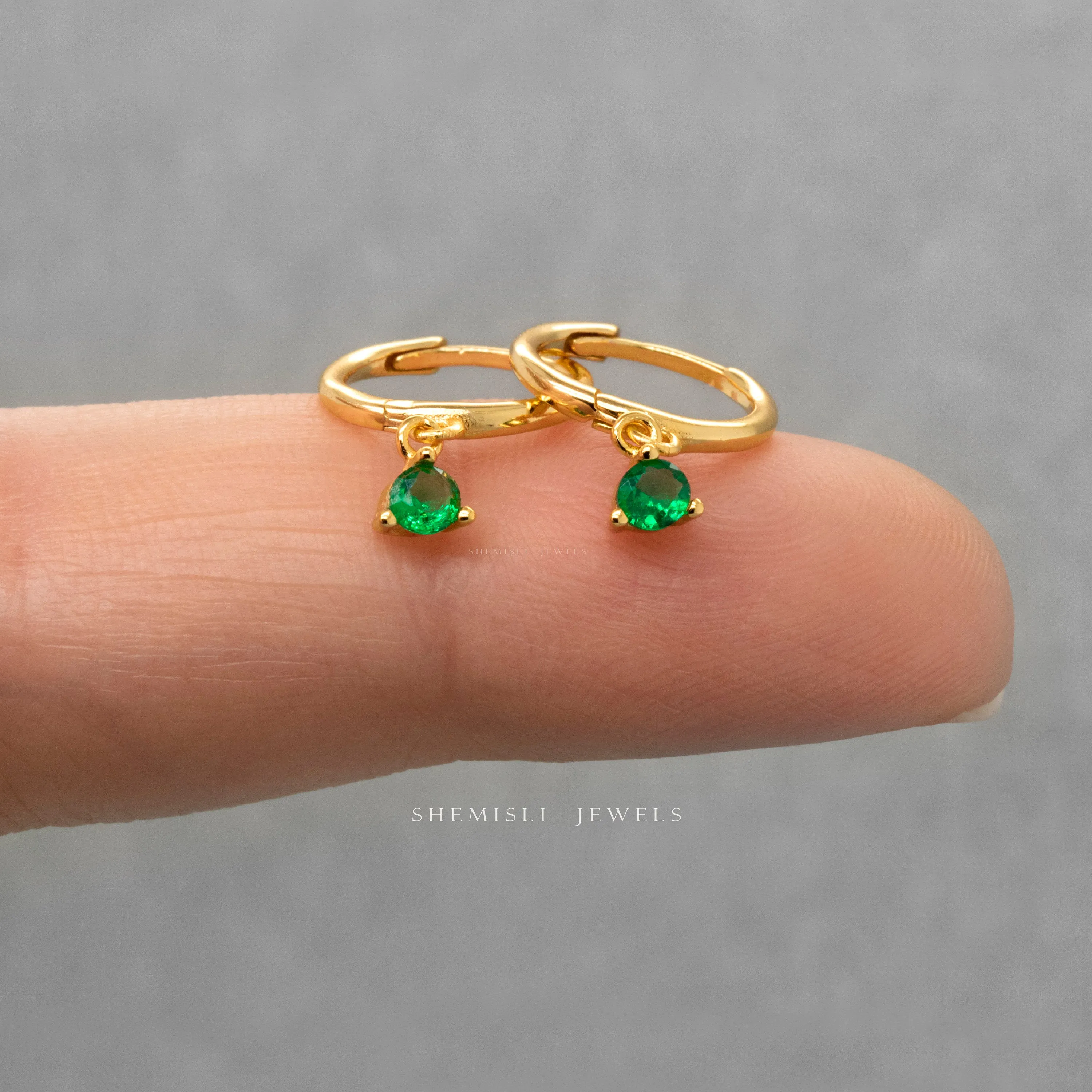 Emerald CZ Drop Hoop Earrings, Huggies, Unisex, Gold, Silver SHEMISLI SH338