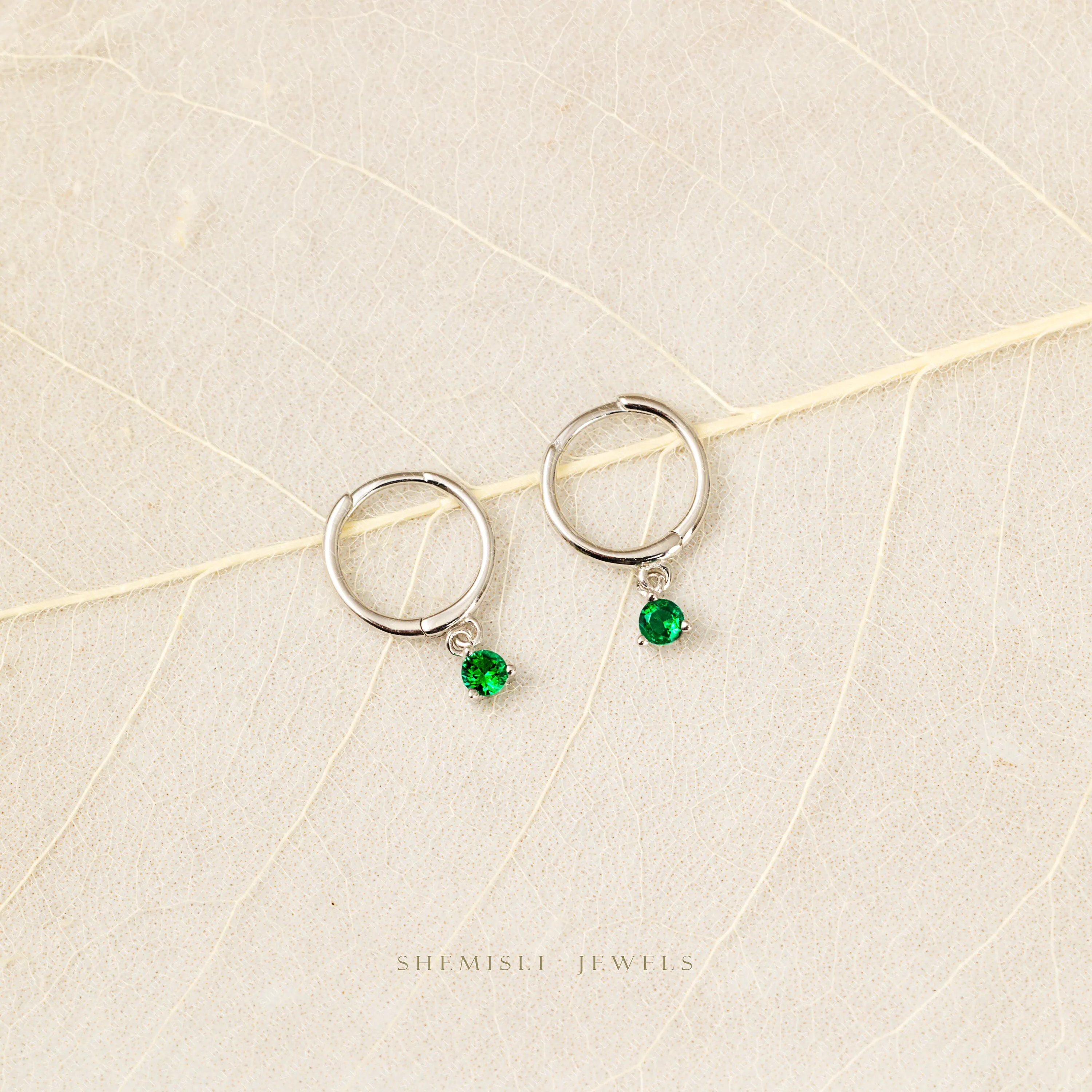 Emerald CZ Drop Hoop Earrings, Huggies, Unisex, Gold, Silver SHEMISLI SH338